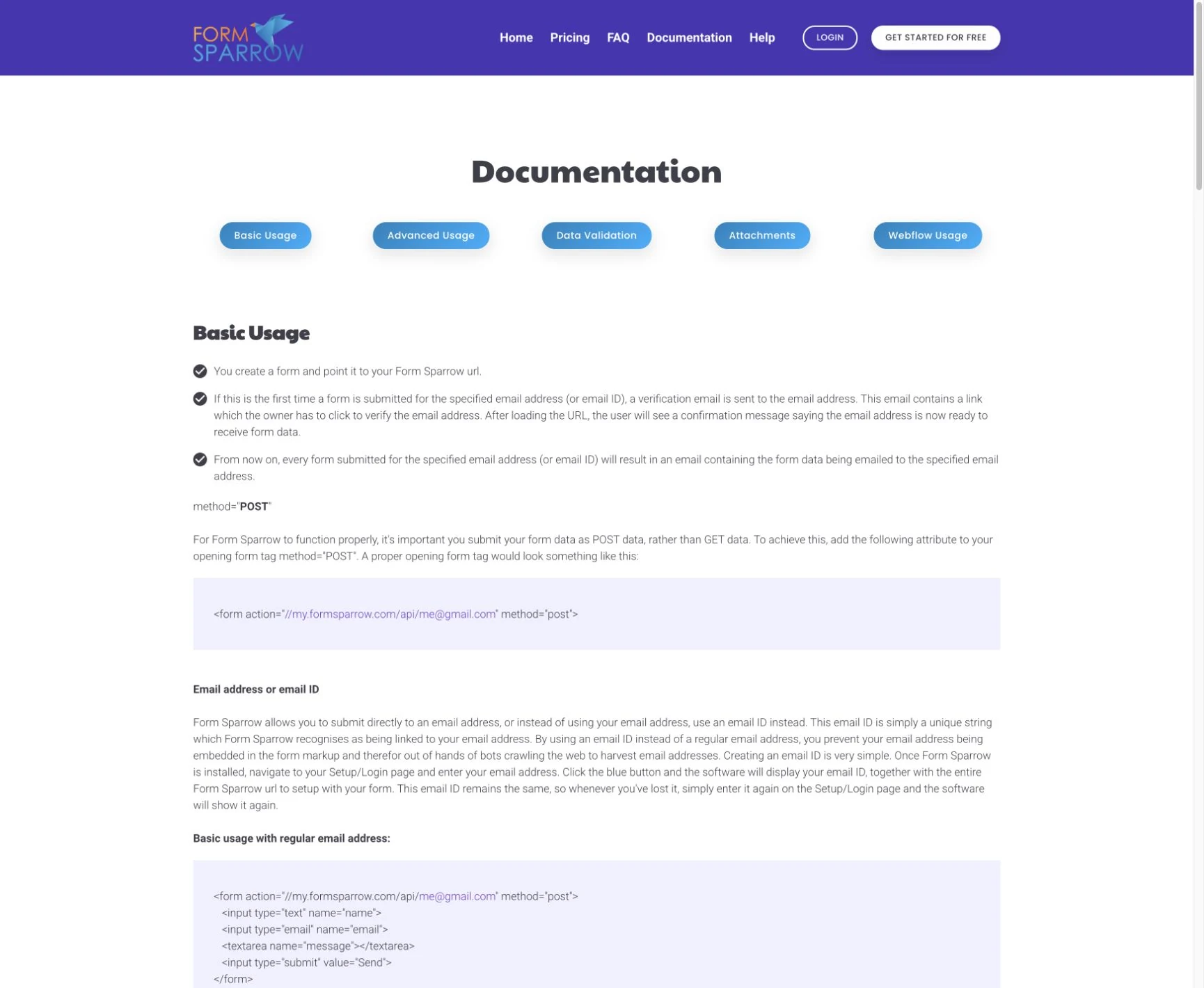 FormSparrow documentation showing an HTML form action URL and supported form attributes