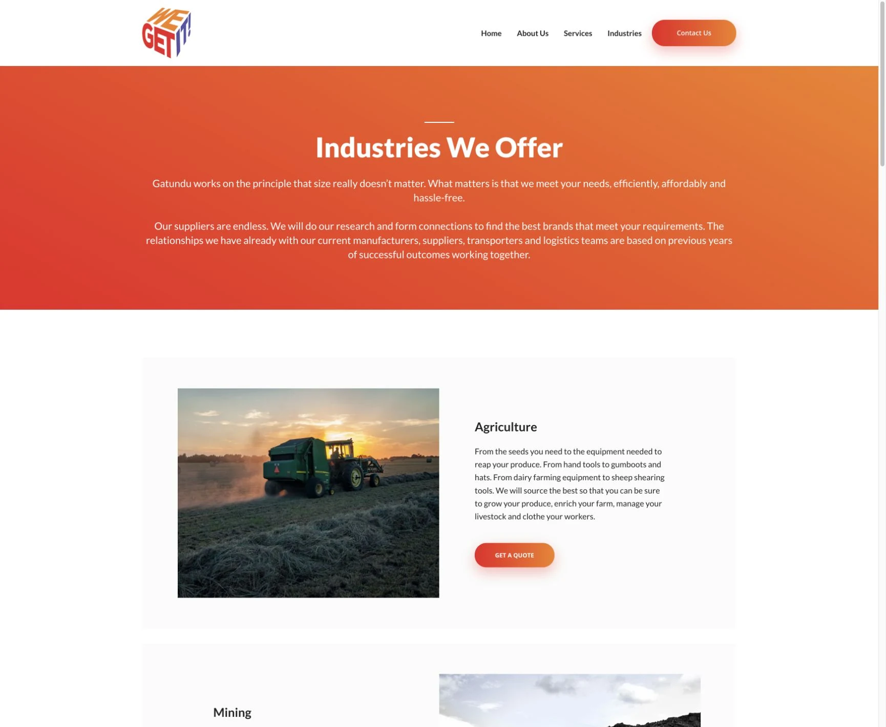 Gatundu Trading industries page with an agriculture section and the beginning of its mining section
