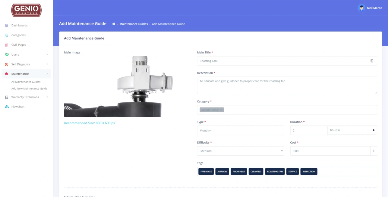 Original Genio maintenance guide editor with category, duration, difficulty and tag fields