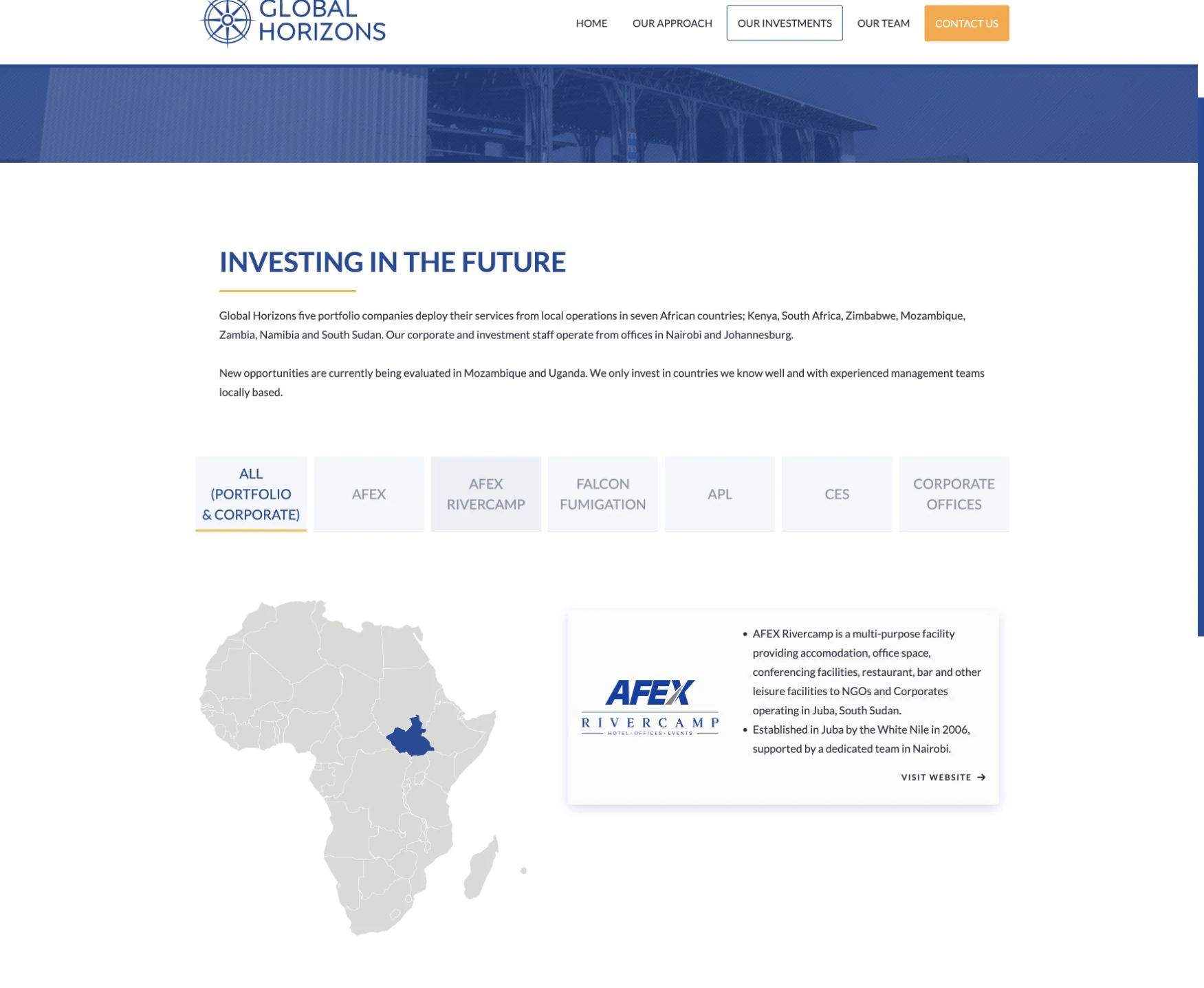 Global Horizons investment explorer with the AFEX Rivercamp profile and geographical map