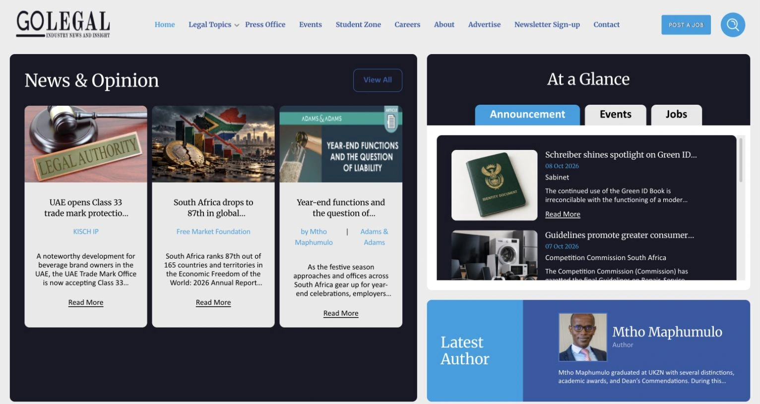 GoLegal’s current homepage showing legal news, announcements, events, jobs and its latest author
