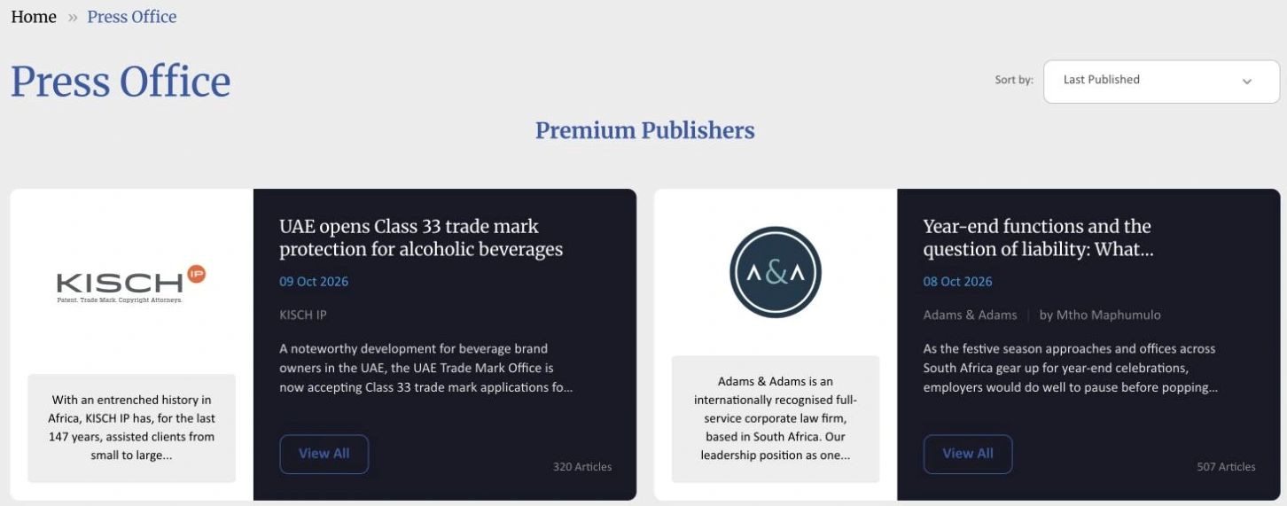 GoLegal’s publisher directory showing KISCH IP and Adams & Adams alongside their latest articles