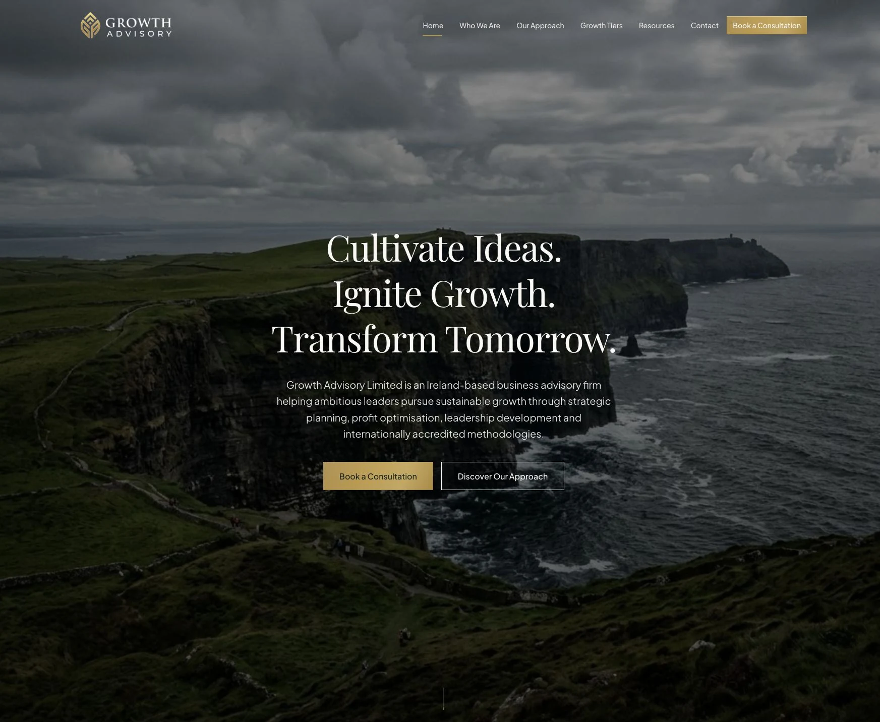 Growth Advisory homepage with the Cliffs of Moher, designed by Cloudfusion