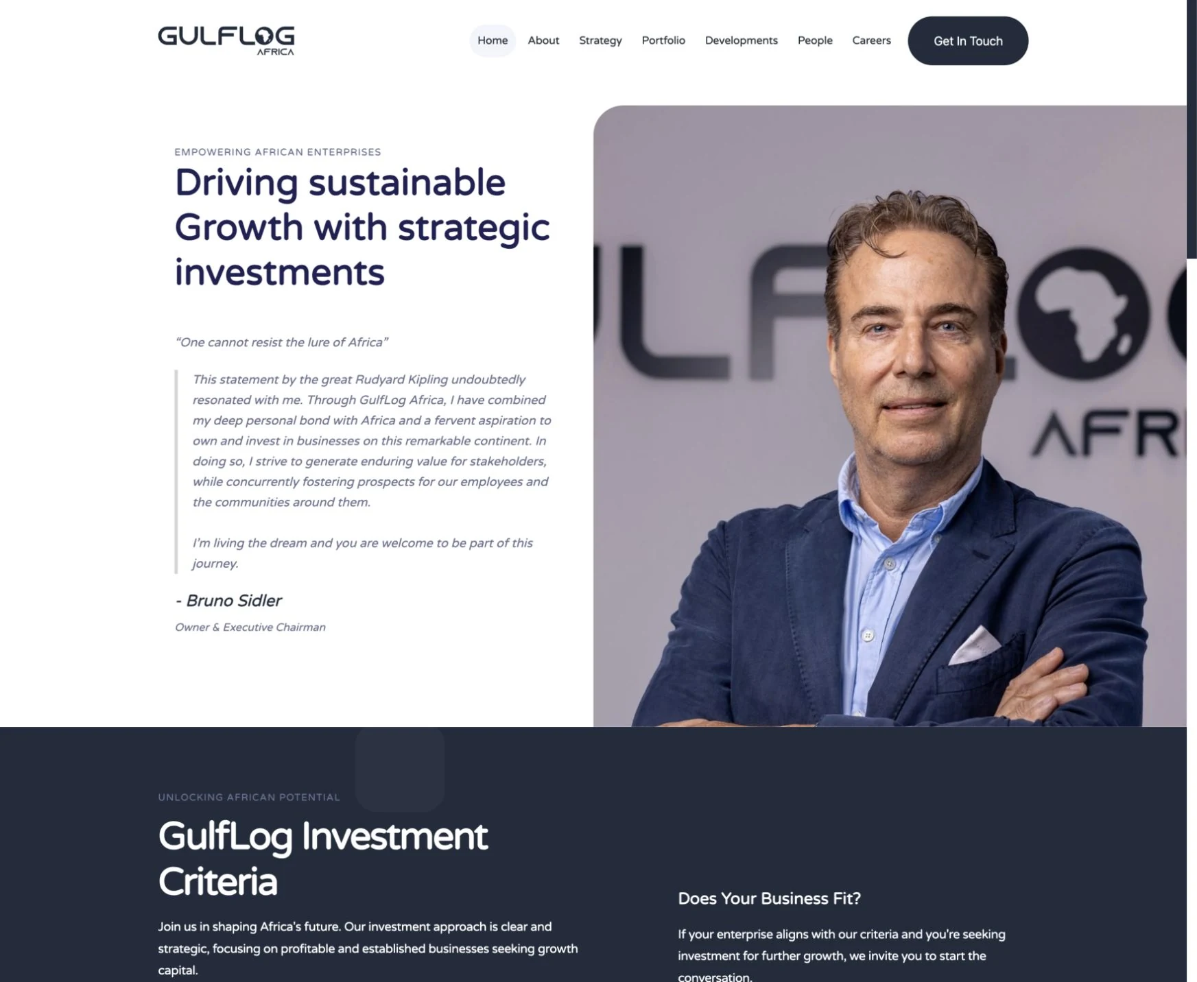 GulfLog Africa website introducing its investment approach and founder