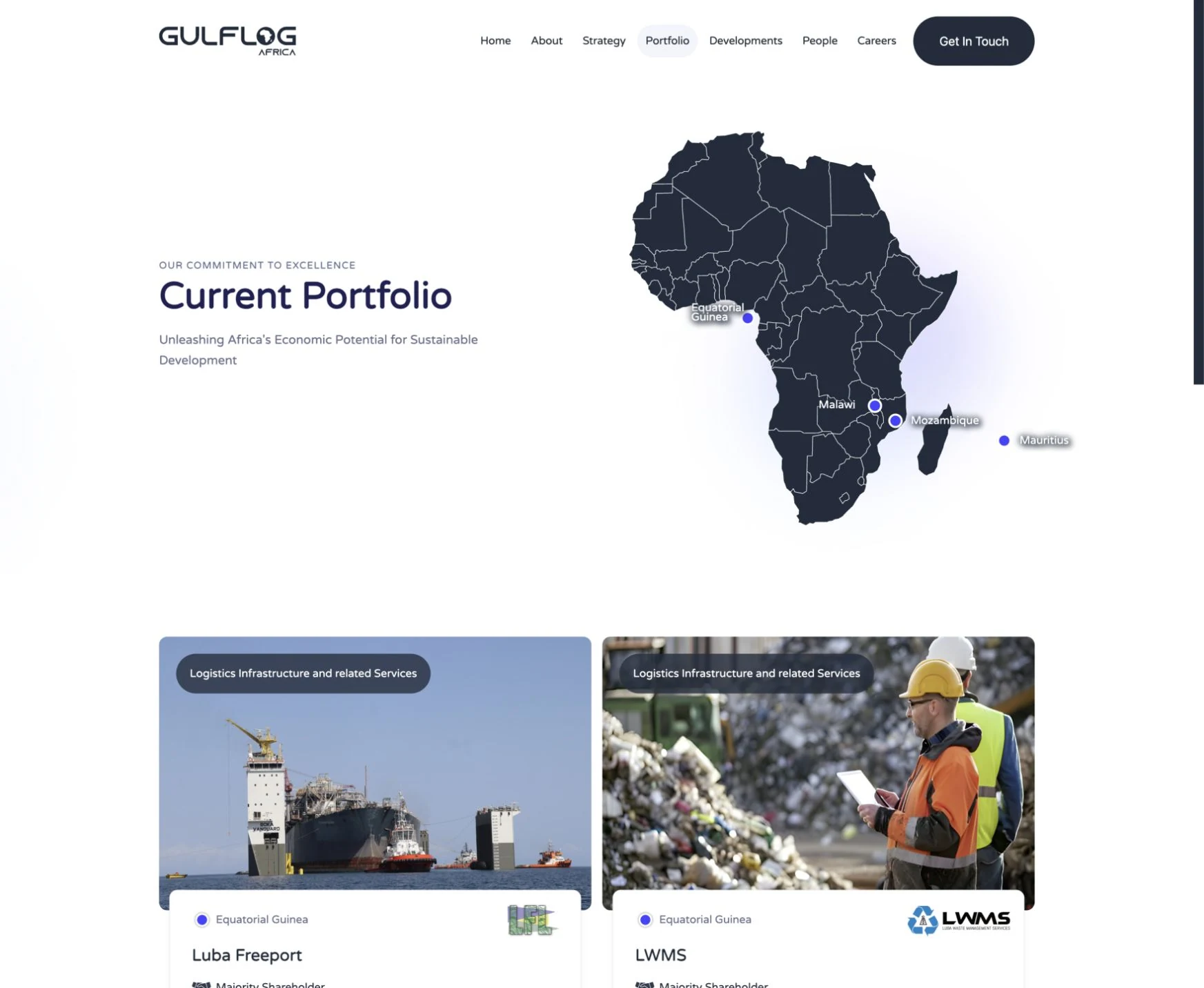 GulfLog Africa portfolio page with an African investment map and Luba Freeport and LWMS entries