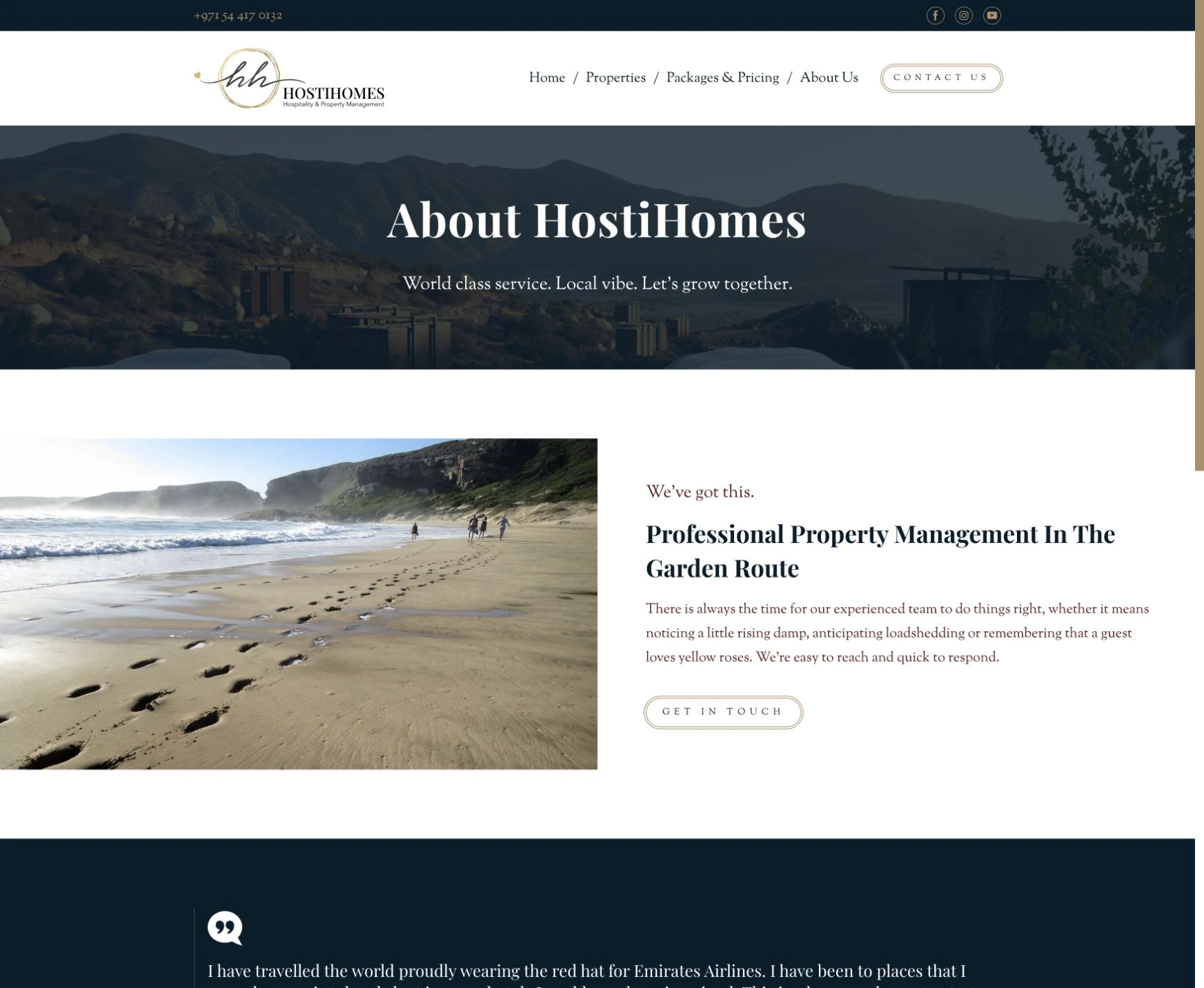 HostiHomes About Us page with coastal property imagery and the introduction to its property hosting business