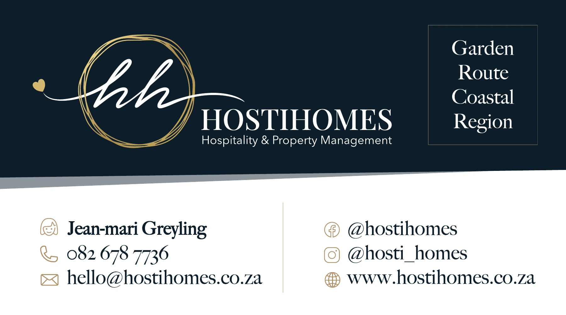 Original HostiHomes business-card artwork with navy and gold identity and business contact details
