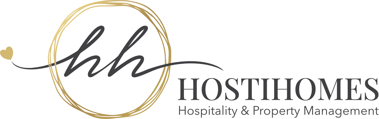 Original HostiHomes gold circular monogram and script wordmark