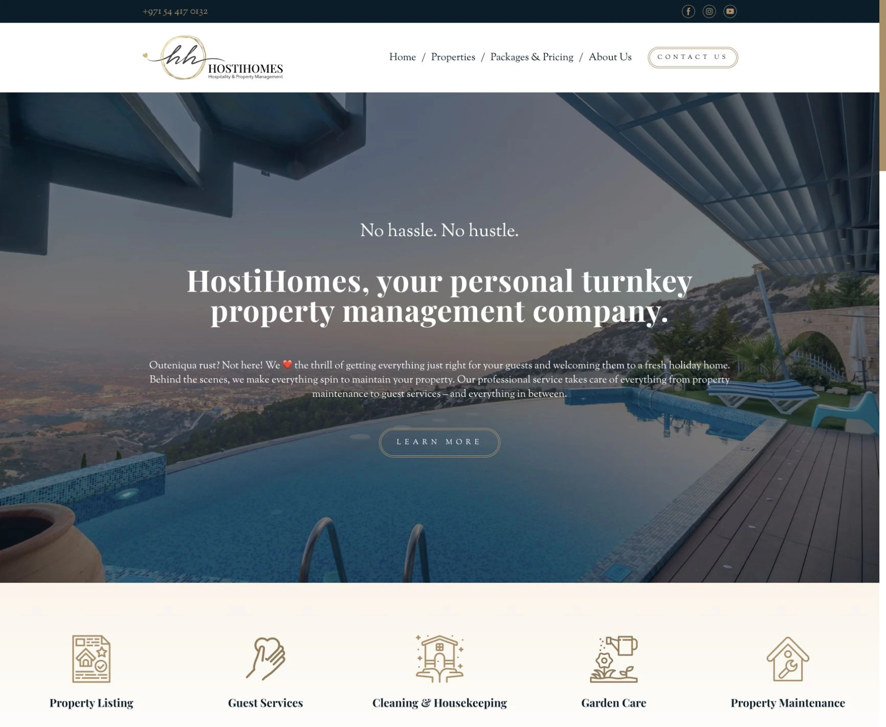HostiHomes homepage with the original navy and gold identity, pool imagery and property service introduction