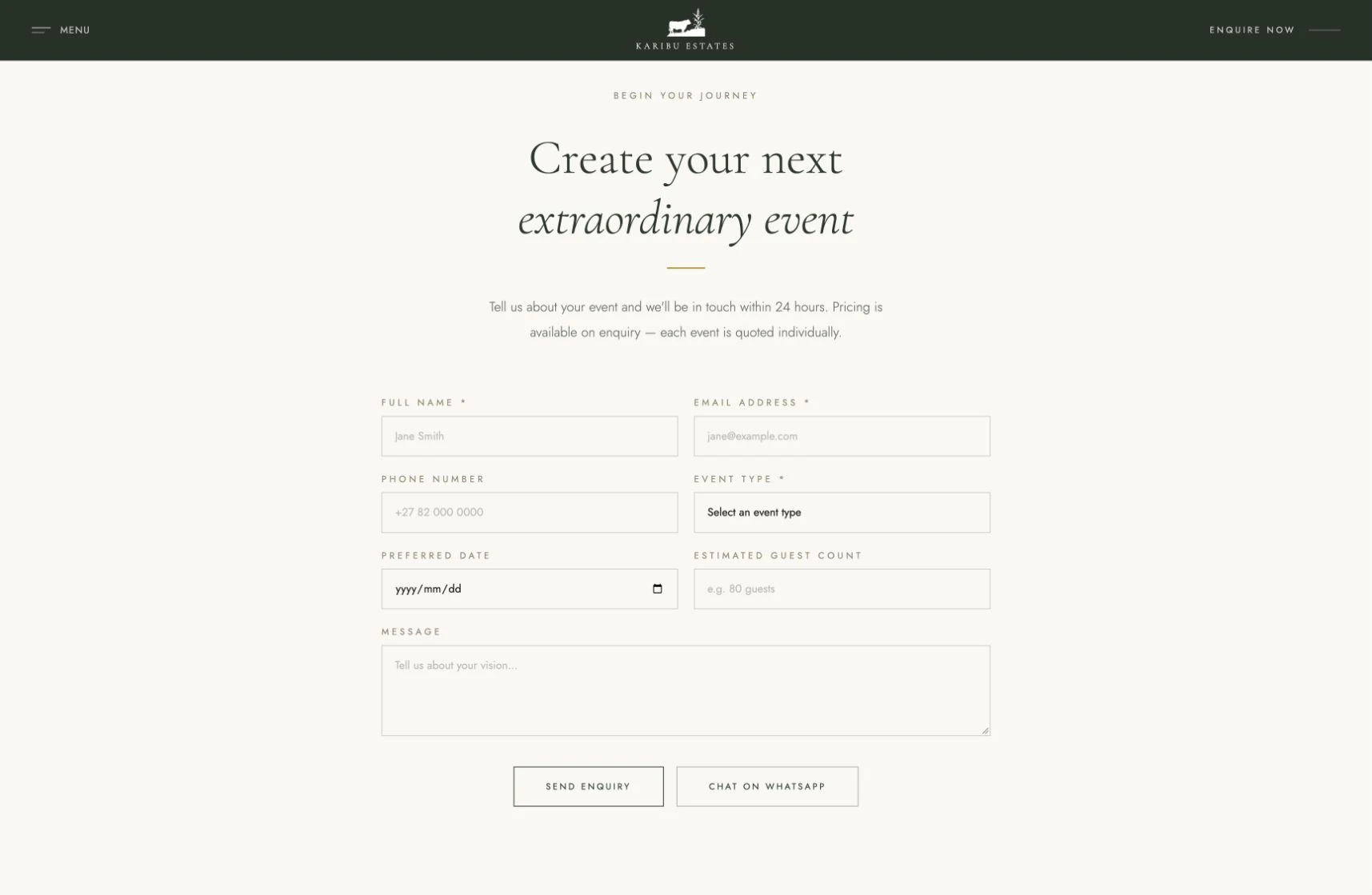 Karibu Estates event enquiry form with event type, date, guest count and message fields, plus a WhatsApp contact option