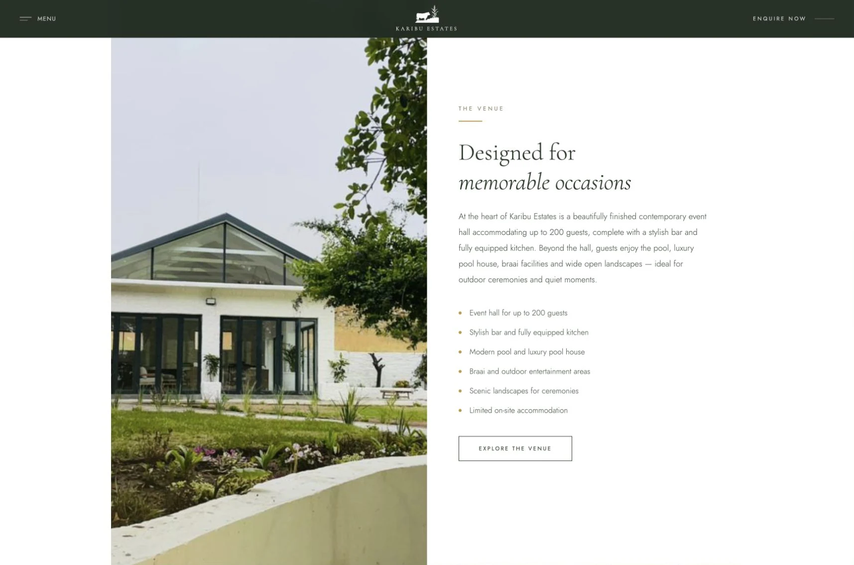 Karibu Estates venue section pairing the event hall photograph with a readable facilities overview and enquiry link
