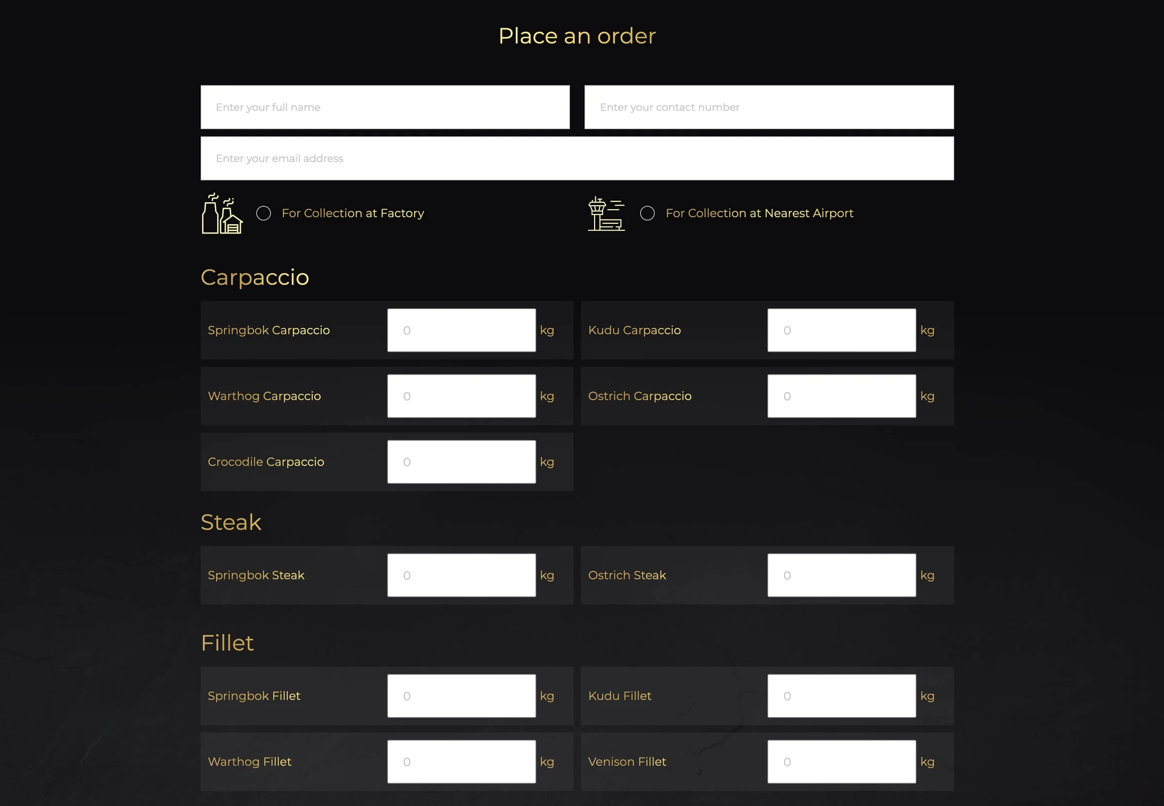 Original Karoo Gold ordering form with customer details, product quantities, factory and airport collection options