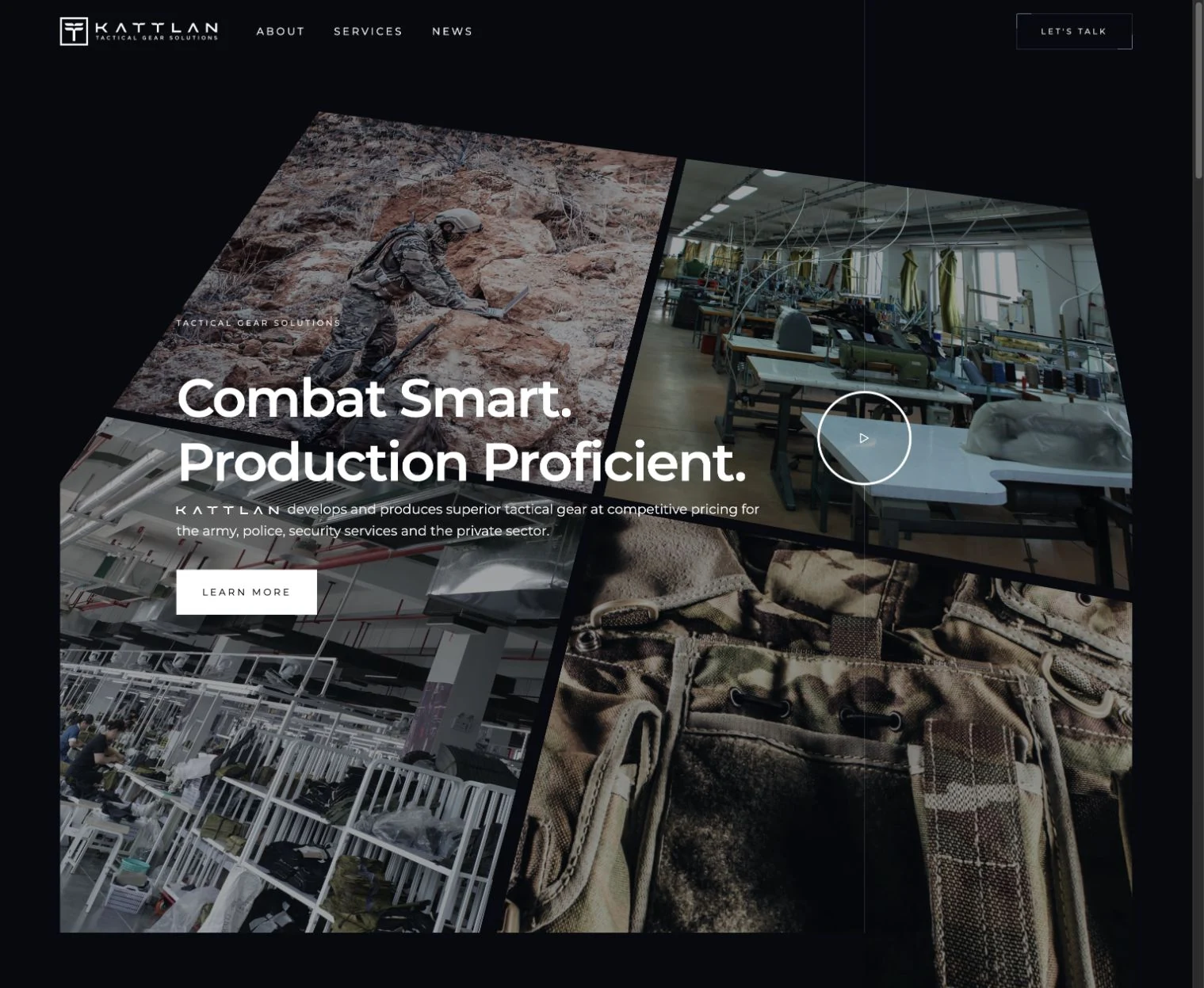 Archived 2023 Kattlan website with its original identity and tactical gear imagery