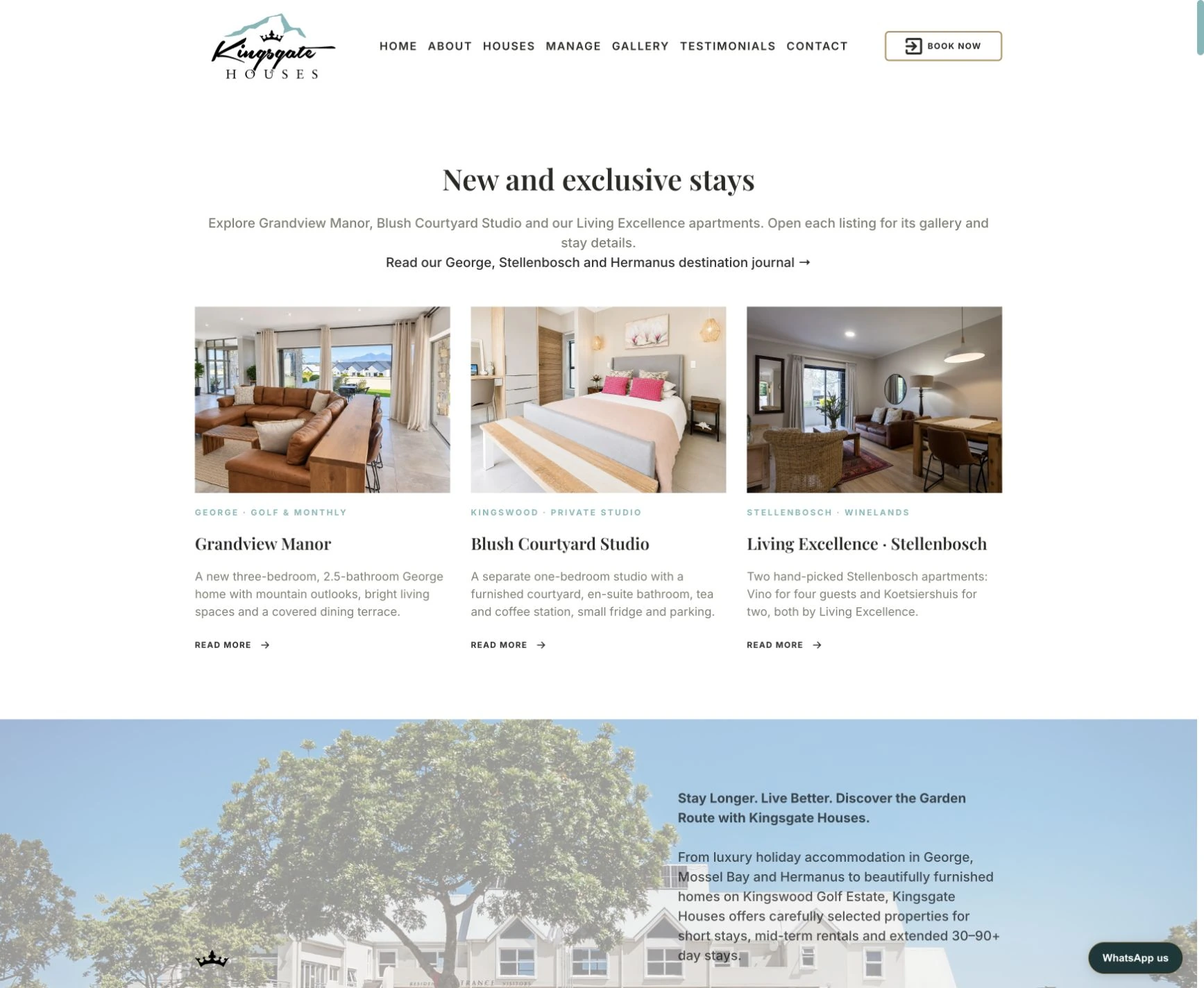 Kingsgate Houses collection page showing Grandview Manor, Blush Courtyard Studio and Living Excellence property listings