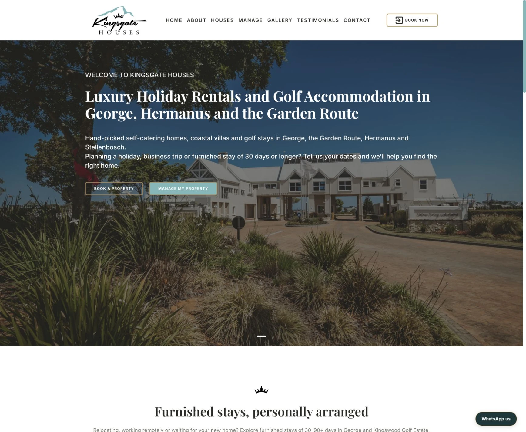 Kingsgate Houses homepage introducing its holiday accommodation and property management offering