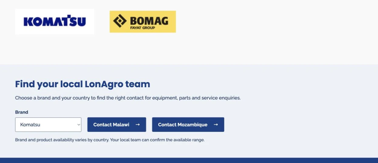 LonAgro brand selector with Komatsu selected and country-specific contact links