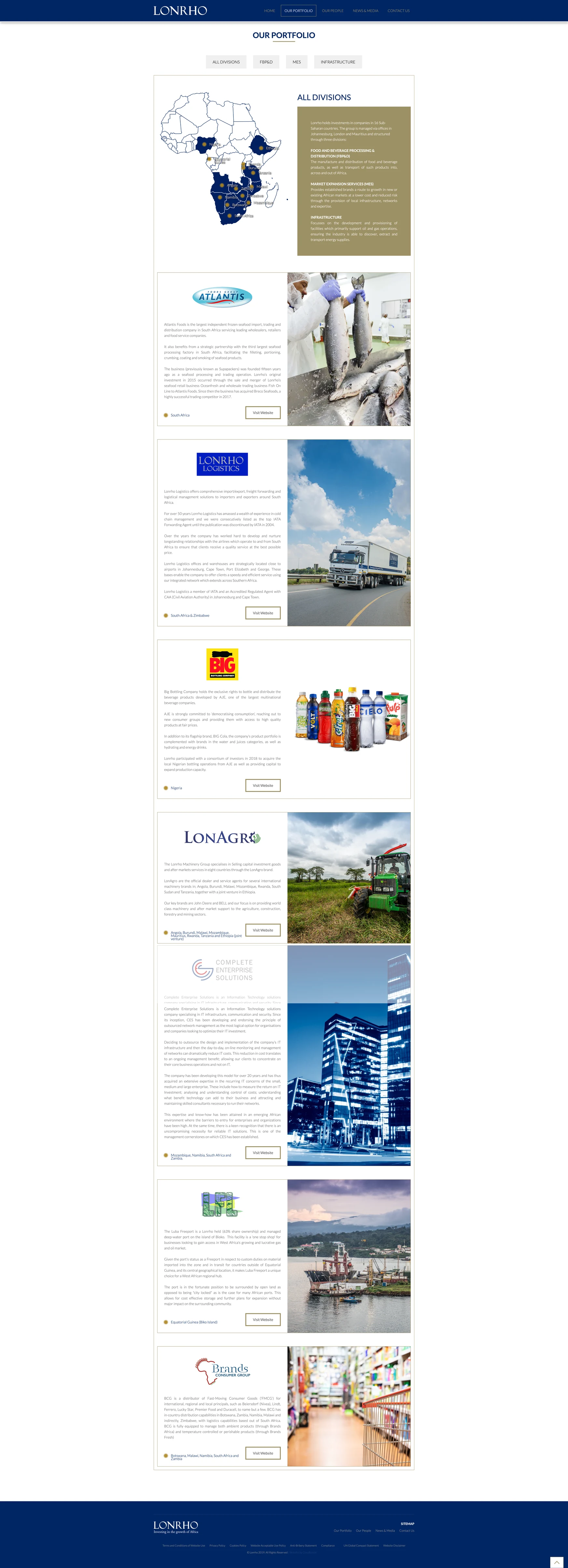 Archived Lonrho portfolio page with its historical division map and business profiles