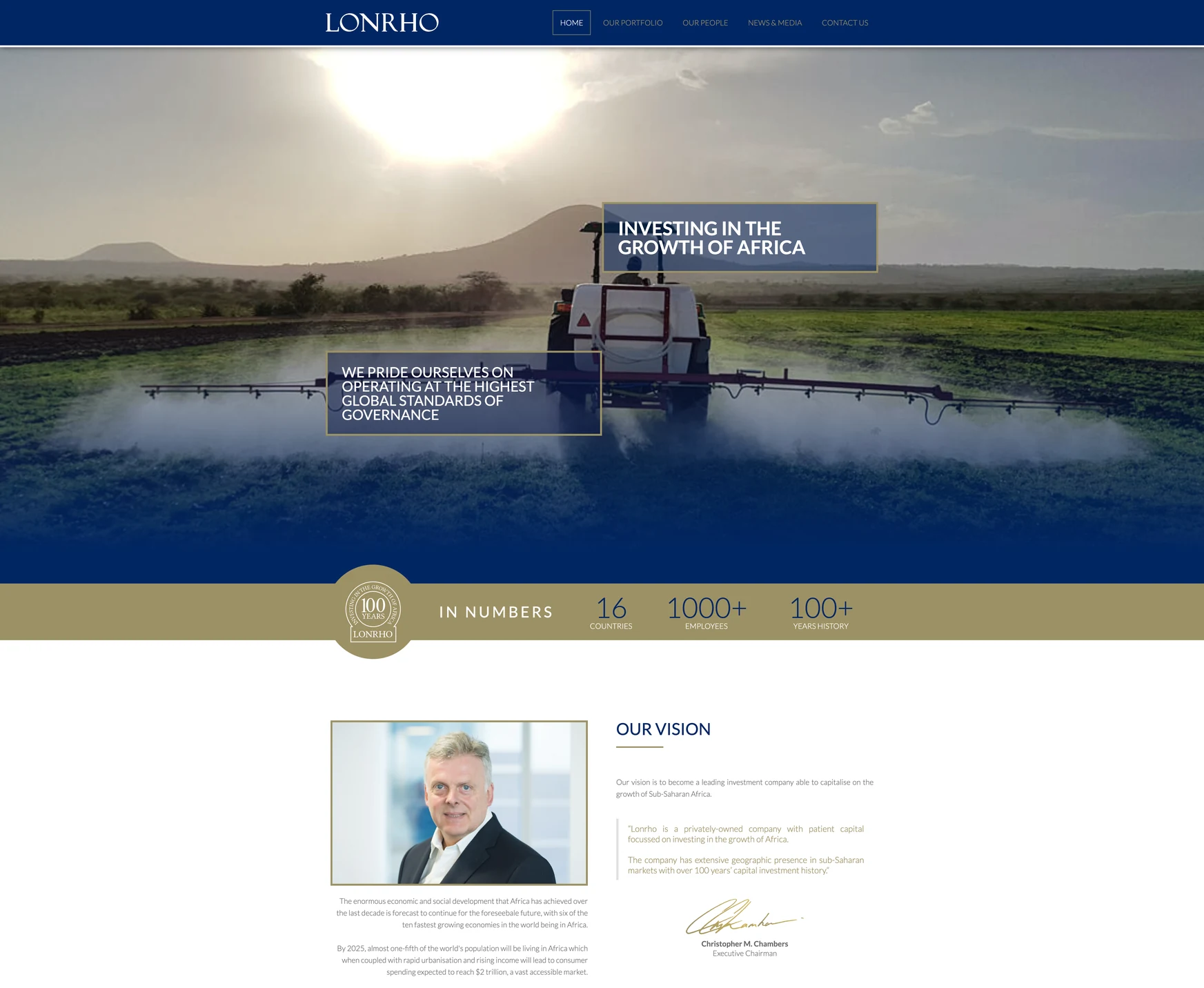 Archived Lonrho website designed by Cloudfusion, showing its investment introduction and agricultural imagery