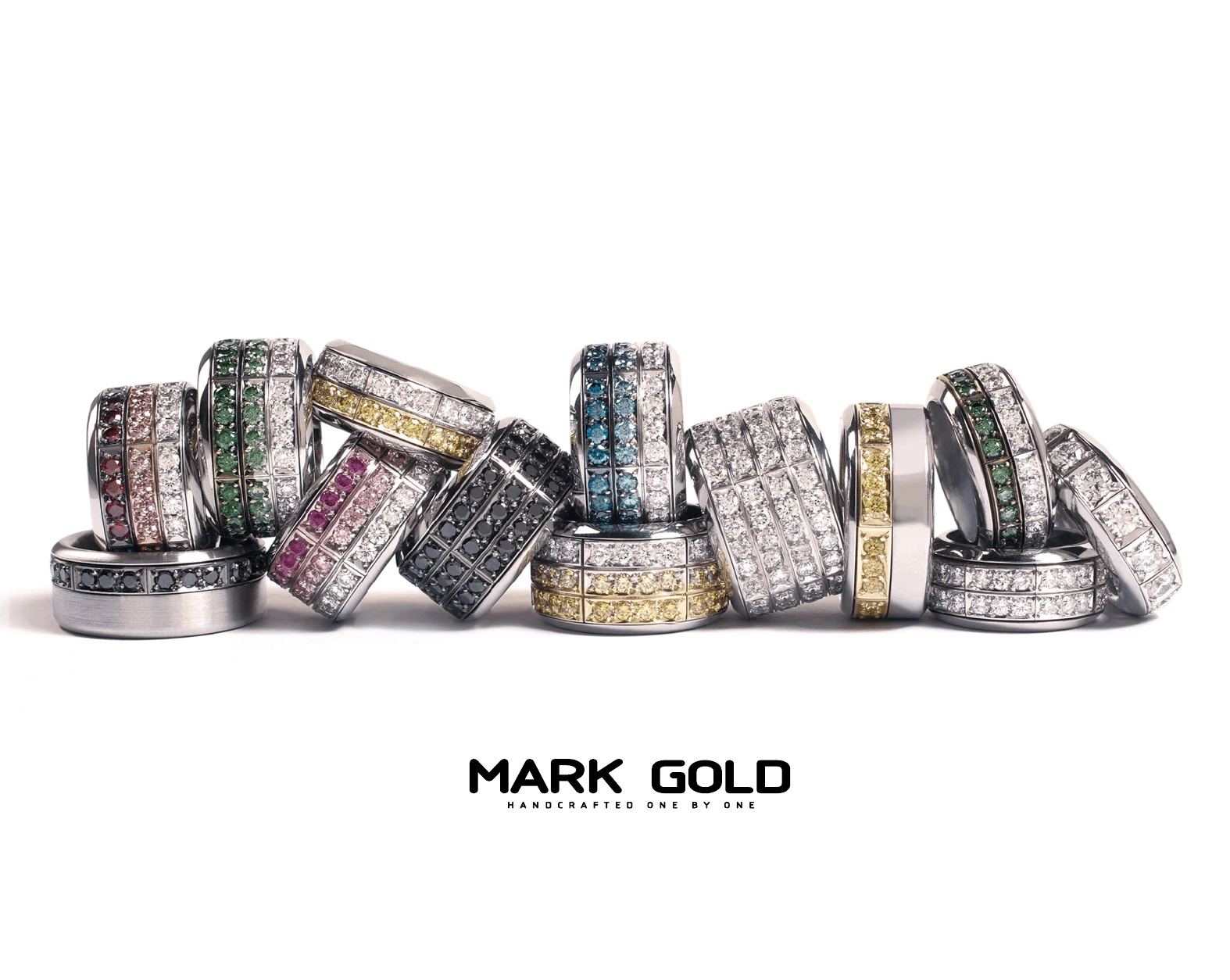 Original Mark Gold jewellery postcard showing the ring collection and existing wordmark