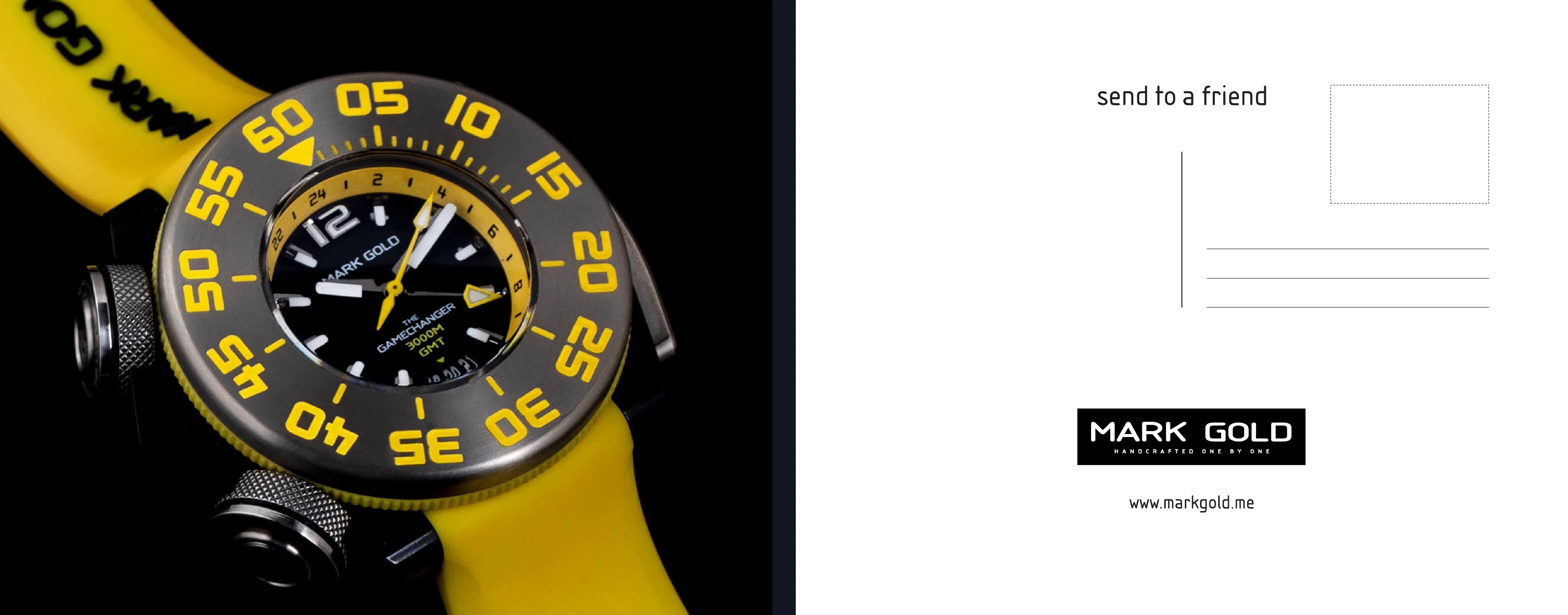 Original Mark Gold watch postcard front and branded reverse, prepared for print