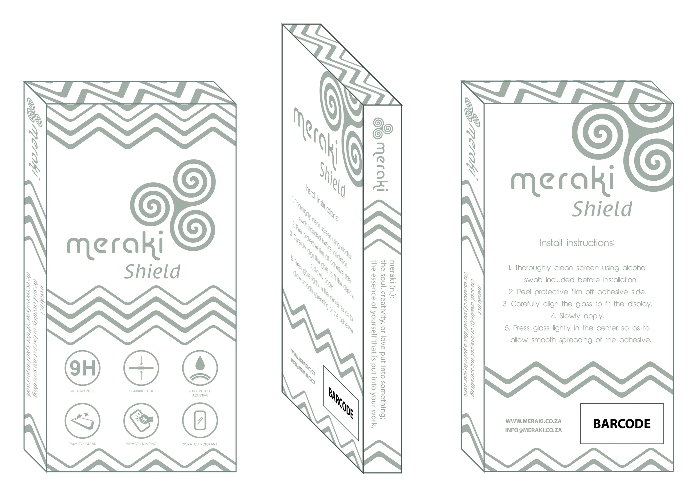 Original Meraki Shield screen-protector packaging concept showing product symbols and installation information