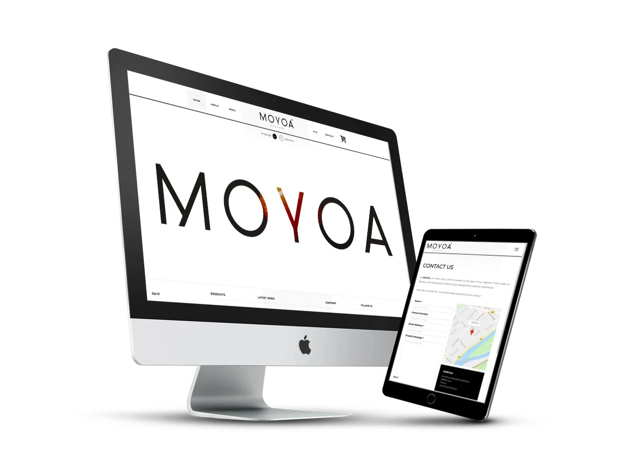 Original MOYOA website presented on desktop and tablet, with its supplied food-and-wine identity