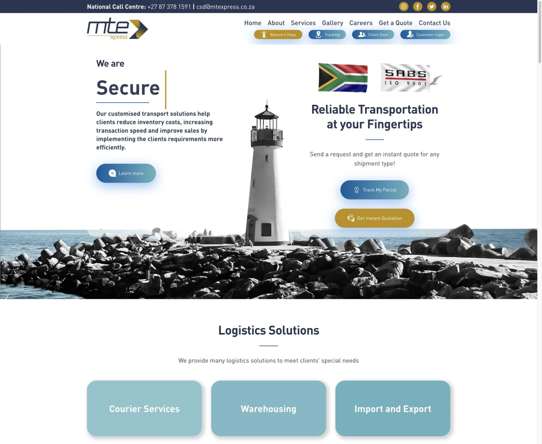 MTE Xpress live homepage with its original identity, lighthouse imagery and quotation and parcel-tracking links
