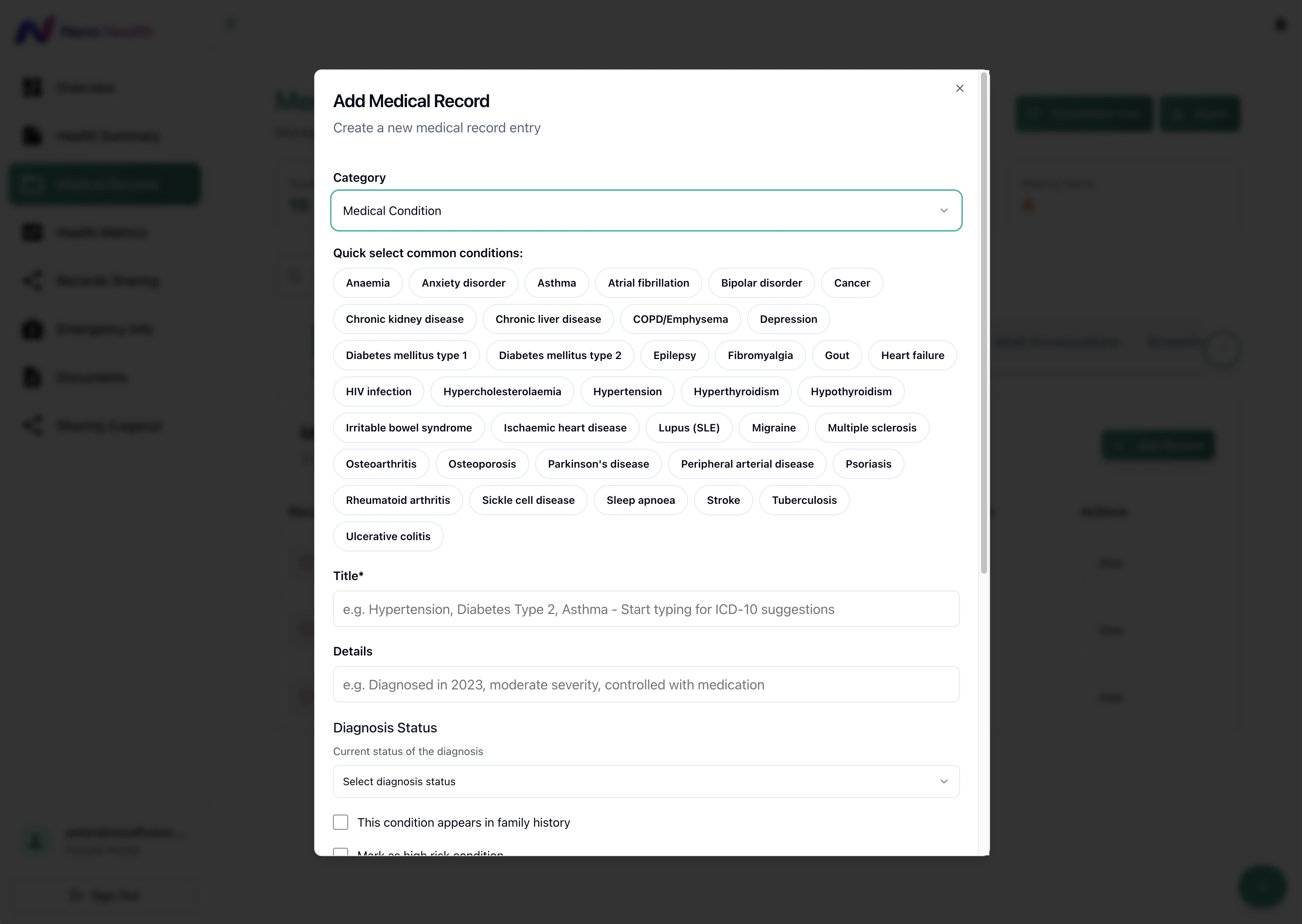 Neno Health medical-record form with common-condition choices, title, details and diagnosis status