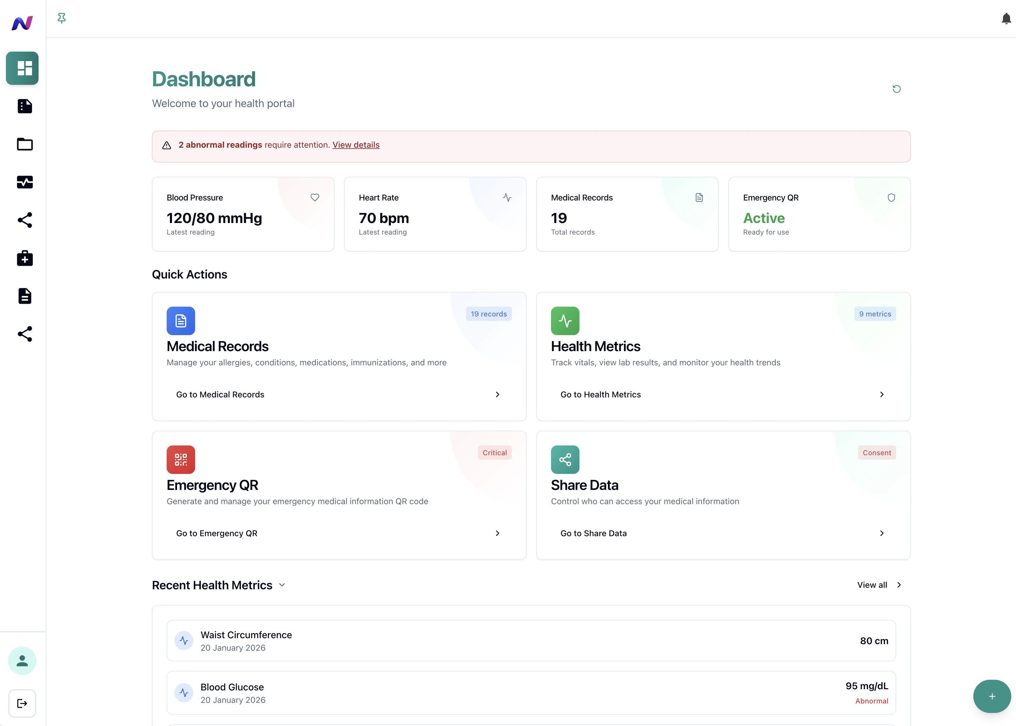 Neno Health patient dashboard with health readings, medical records, emergency QR and sharing controls