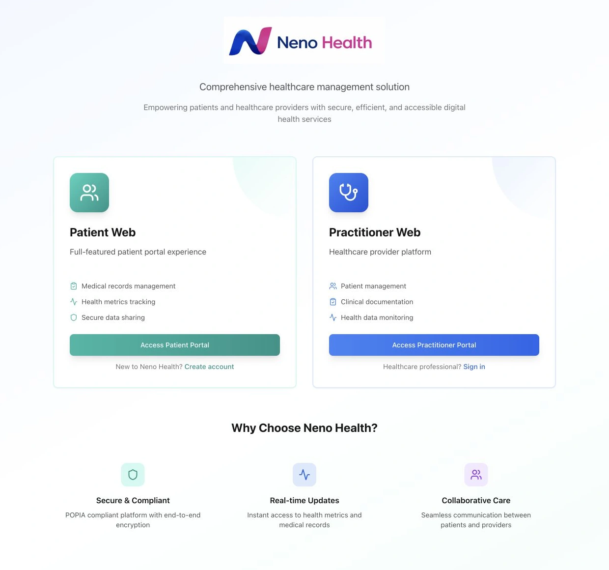 Actual Neno Health platform entry interface
