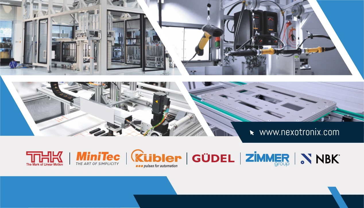 Original Nexotronix business-card back artwork with equipment photography, supplier logos and the website address