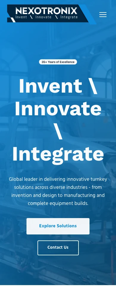 Nexotronix’s mobile homepage with its engineering introduction and solution and contact buttons