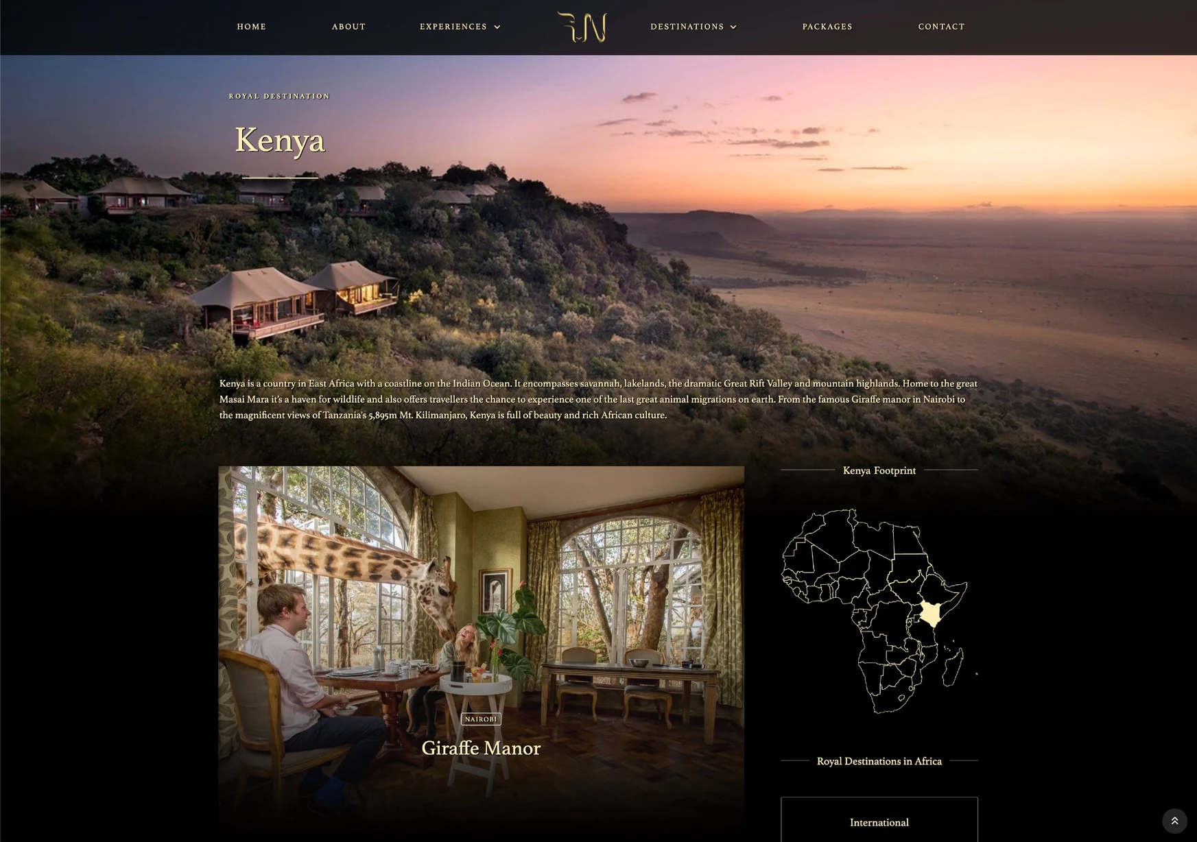 Original Royal Ngala Kenya destination page with landscape photography, accommodation content and an Africa map