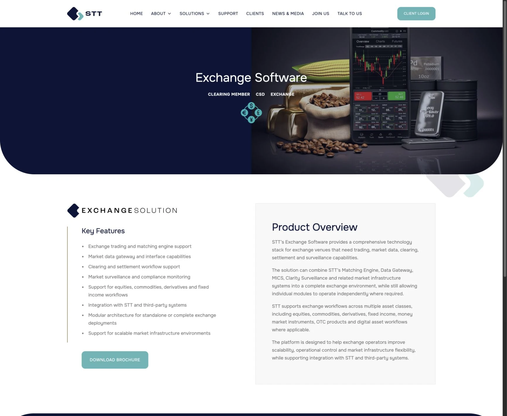 STT Exchange Software page with a product overview and a structured list of capabilities
