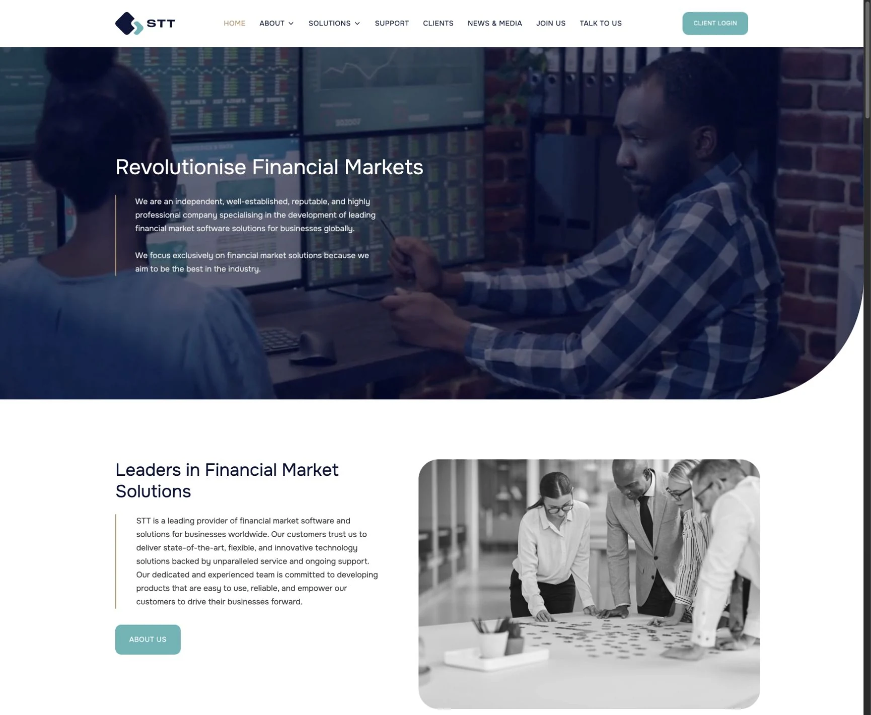 Securities and Trading Technology website introducing its financial market software and specialist company