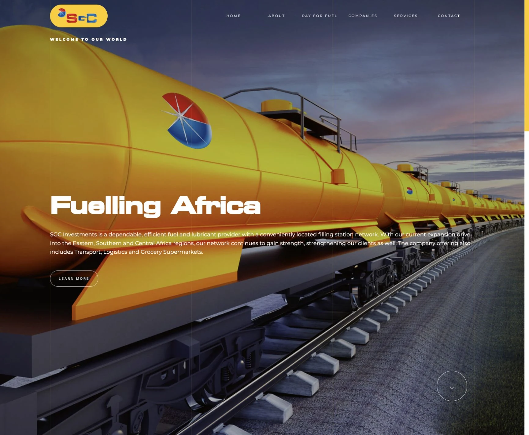 SGC Investments website homepage with the Fuelling Africa headline and original SGC branding