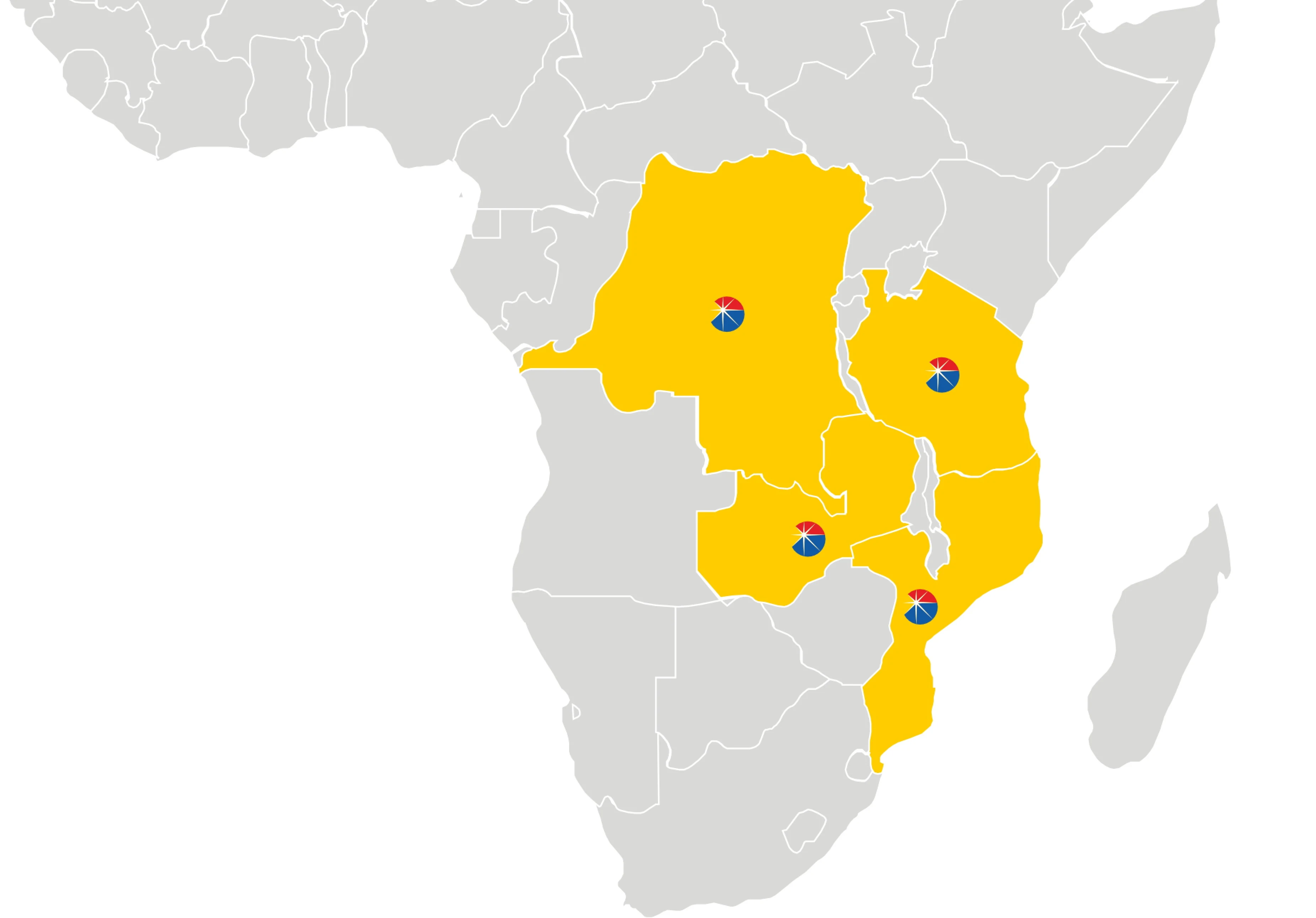 Original SGC operational map highlighting Zambia, the Democratic Republic of Congo, Tanzania and Mozambique in yellow