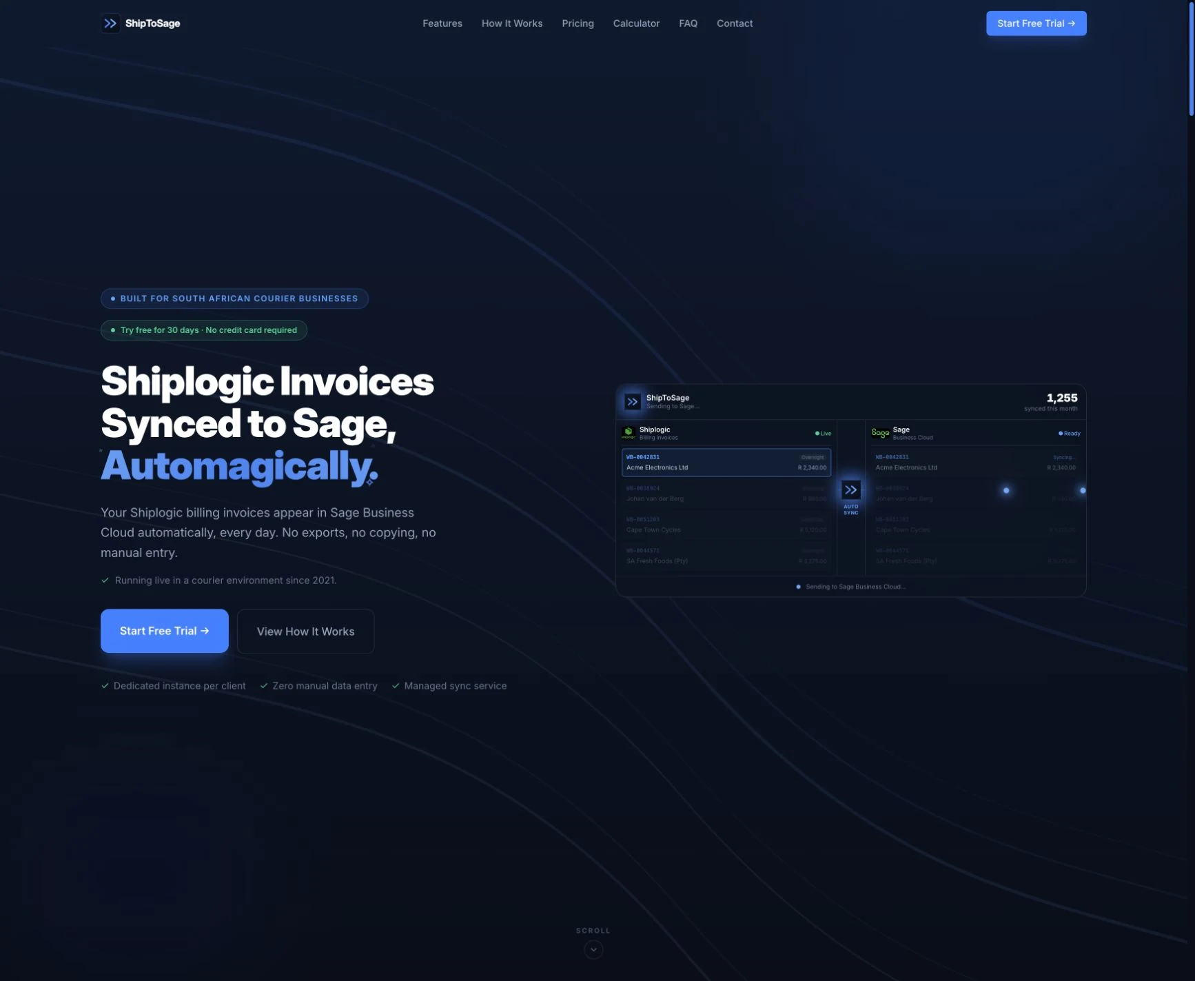 ShipToSage product website preview illustrating invoices moving from Shiplogic into Sage; the invoice values are examples
