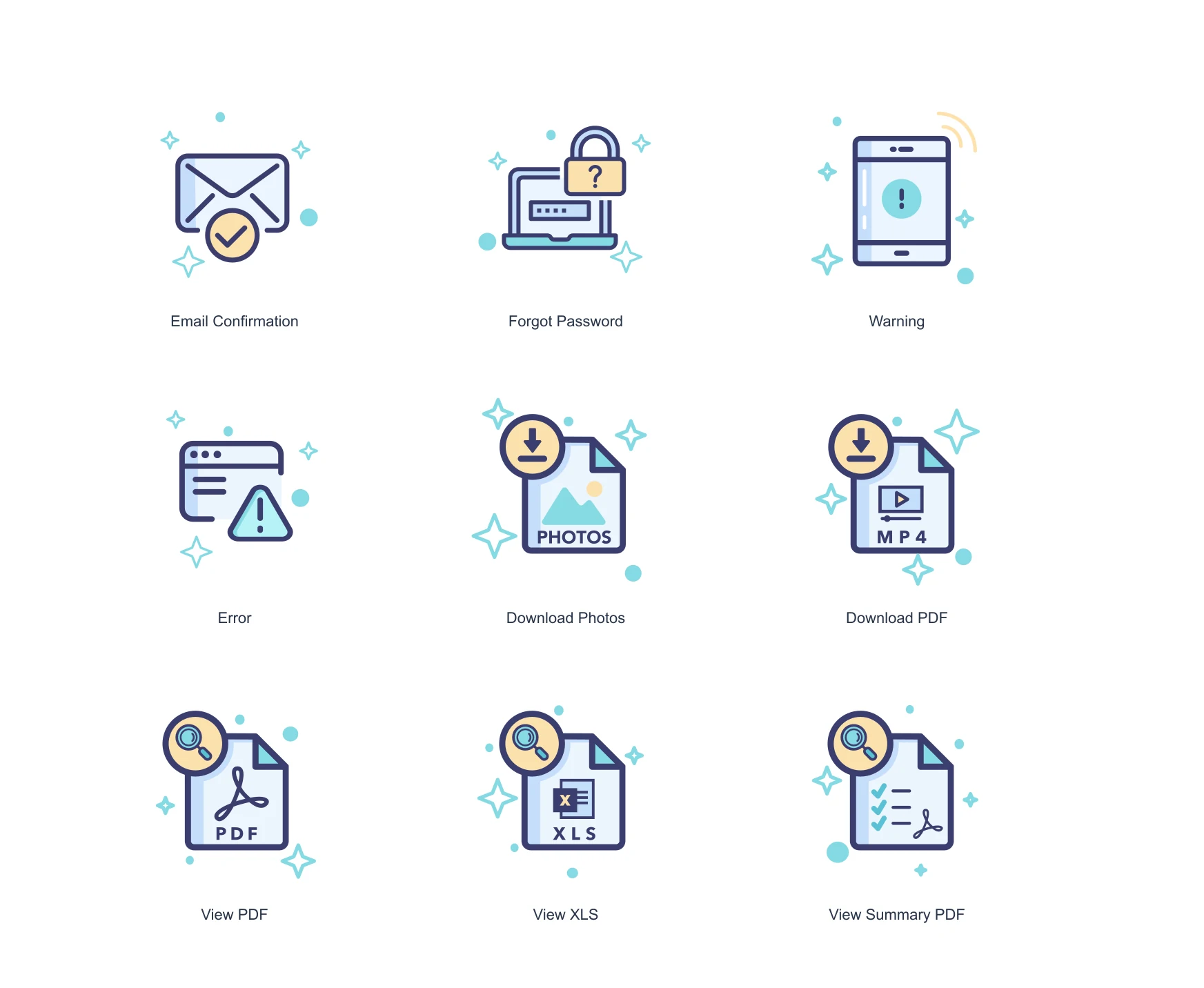 Nine original Snappic vector icons for account, reporting, download and status tasks