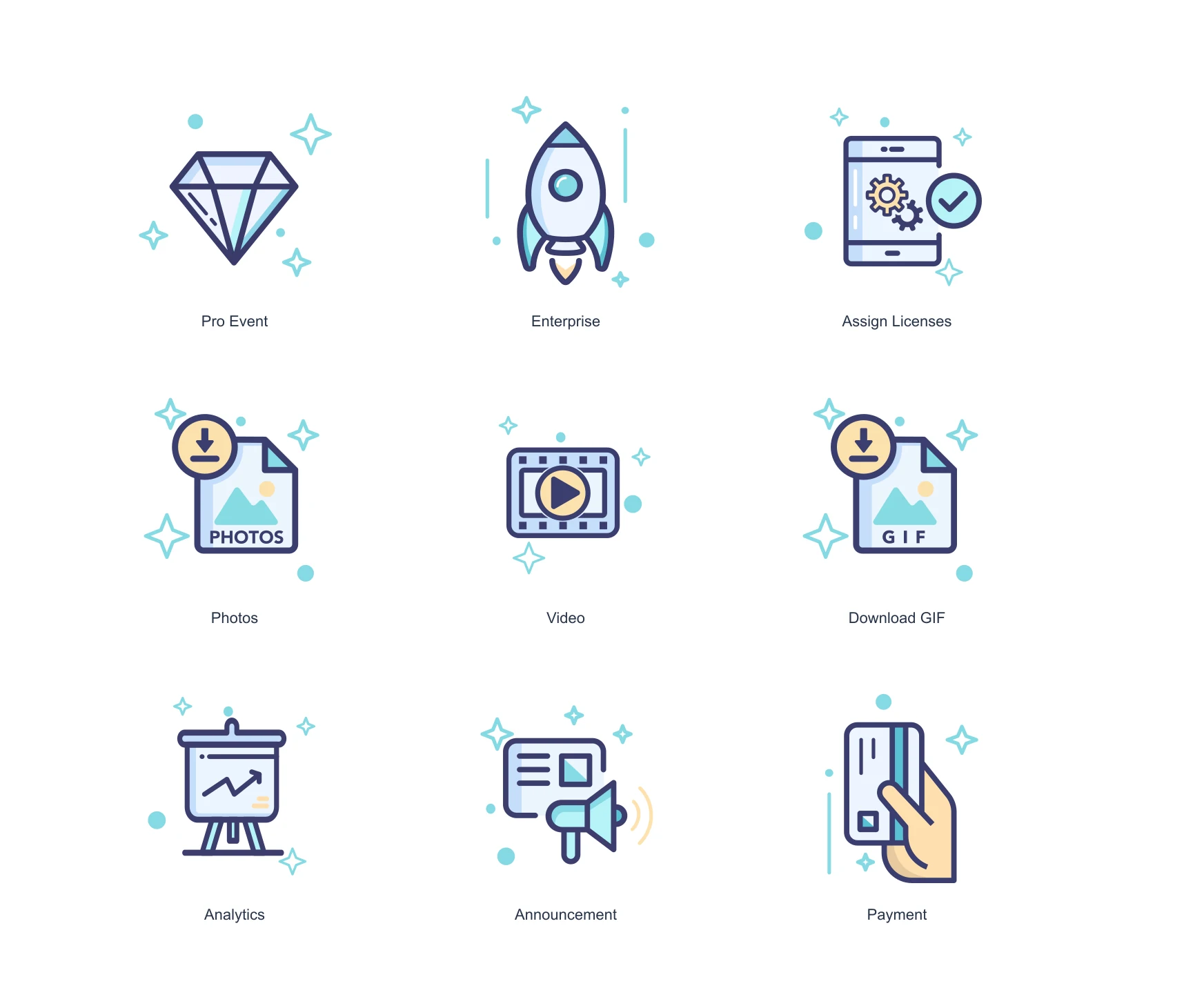 Nine original Snappic vector icons for event setup, media and licence tasks