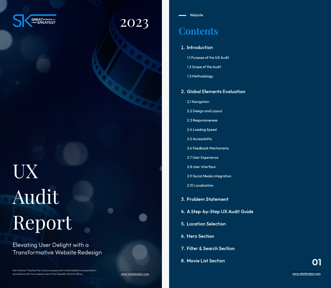 Original Ster-Kinekor UX audit cover and contents pages from the 2023 website review