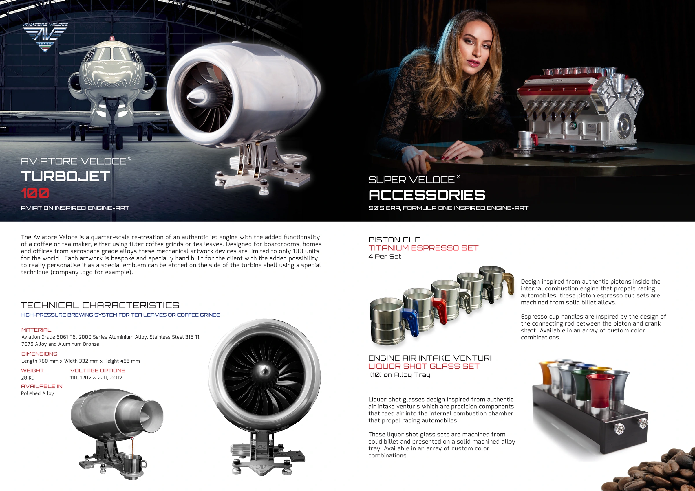 Original 2017 SuperVeloce brochure pages presenting Aviatore Veloce Turbojet and accessories