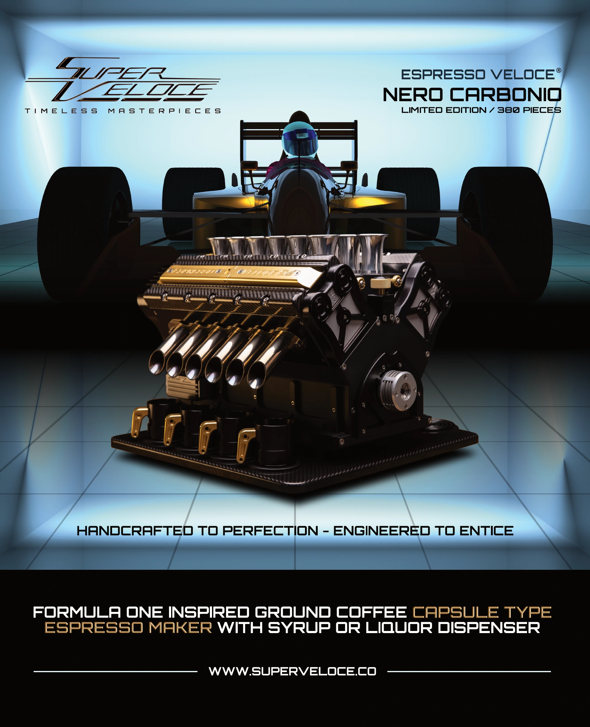 Original approved October 2020 SuperVeloce Nero Carbonio magazine insert with a race car behind the espresso machine