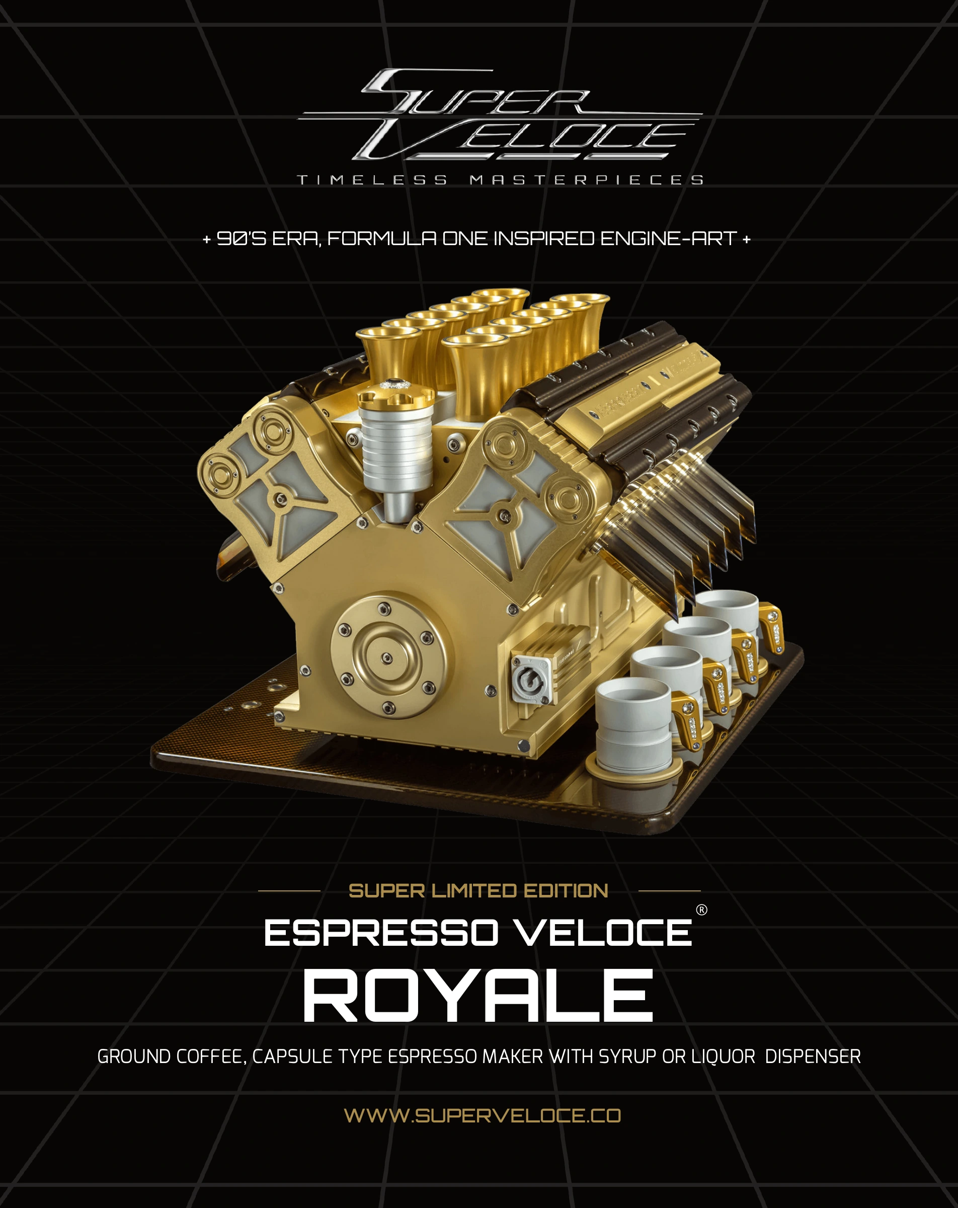 Original 2019 Espresso Veloce Royale magazine design featuring the gold machine on a dark perspective grid