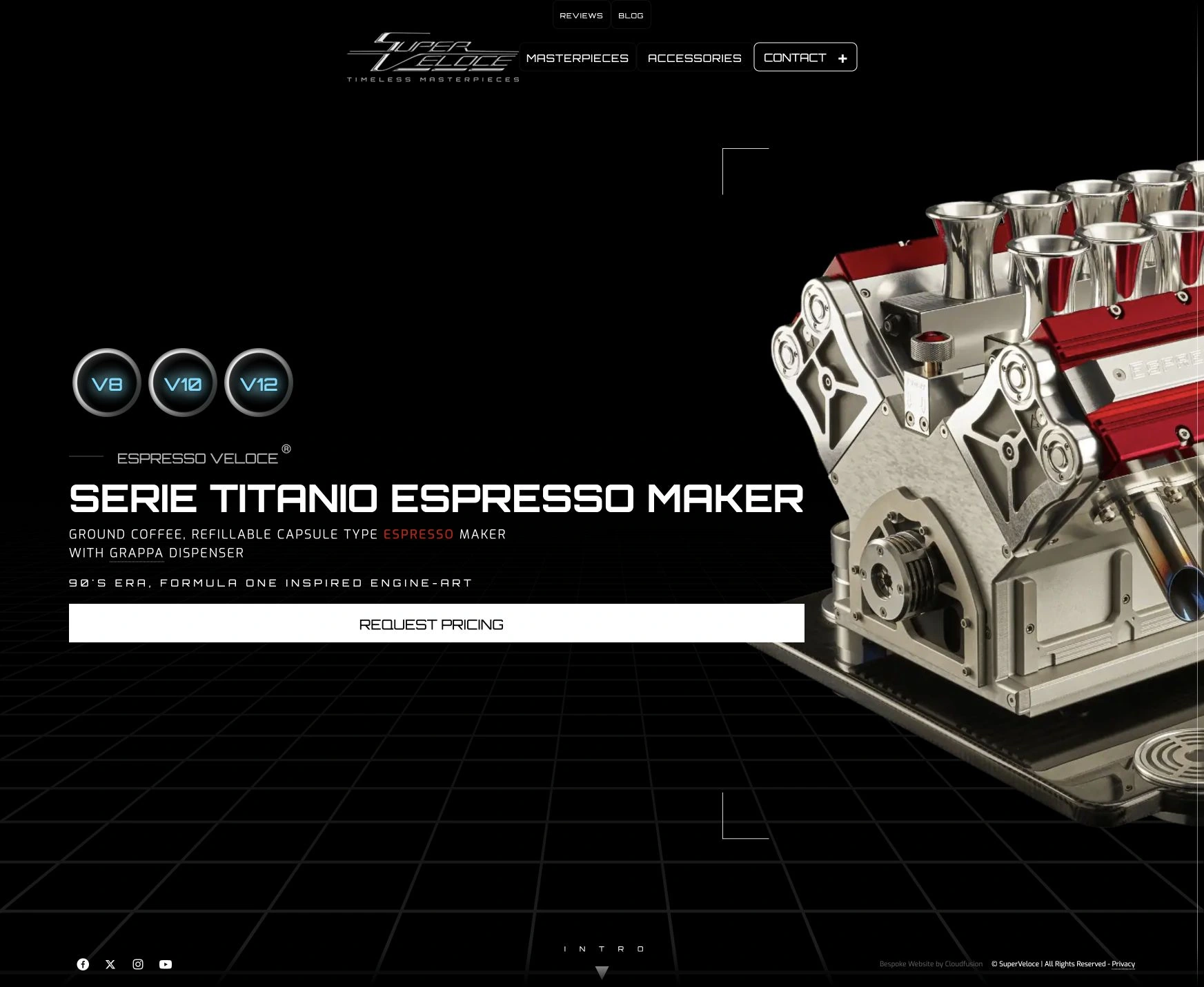 SuperVeloce’s live Serie Titanio product page with an engine-inspired espresso machine, model options and pricing enquiry