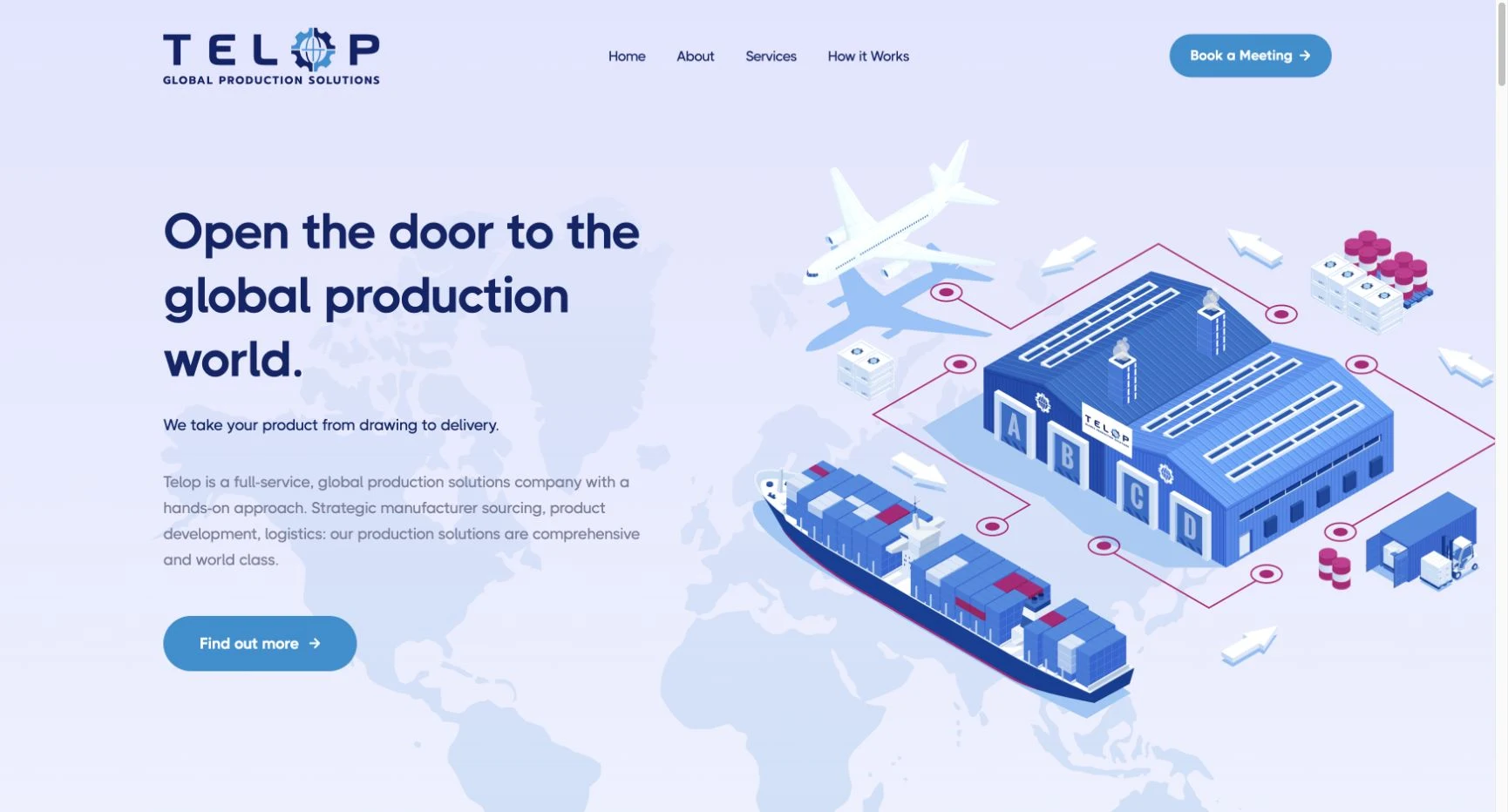 Telop Trading’s original 2021 website hero, with its production illustration and global sourcing message