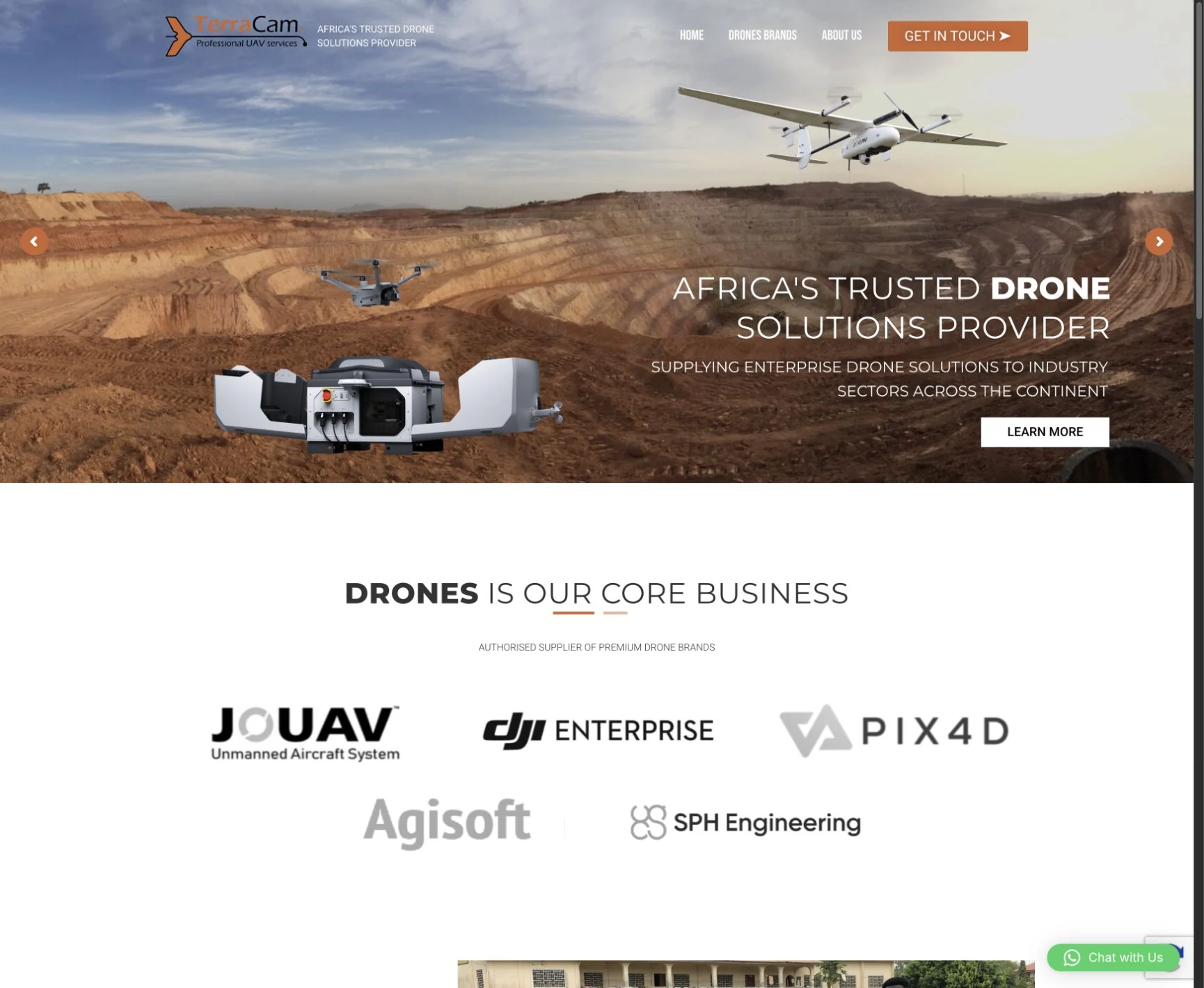 Terracam homepage presenting drone solutions with mining imagery and supported technology brands