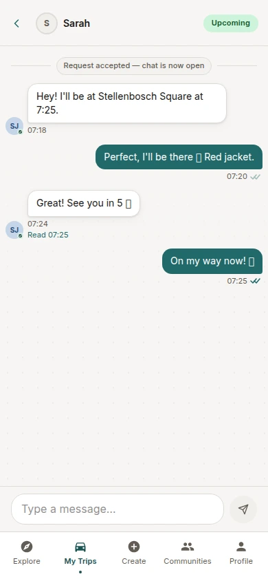 Private trip chat — actual ViaVia interface with demo data