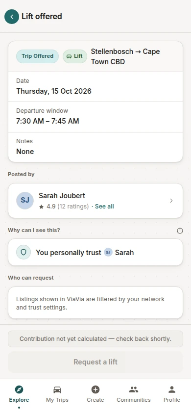 Trip details and trust context — actual ViaVia interface with demo data