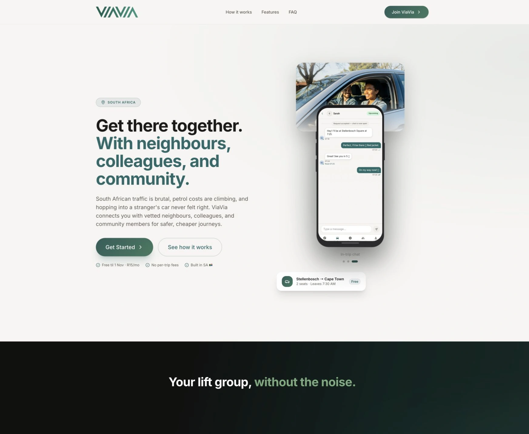 ViaVia live website with its community lift-sharing app preview